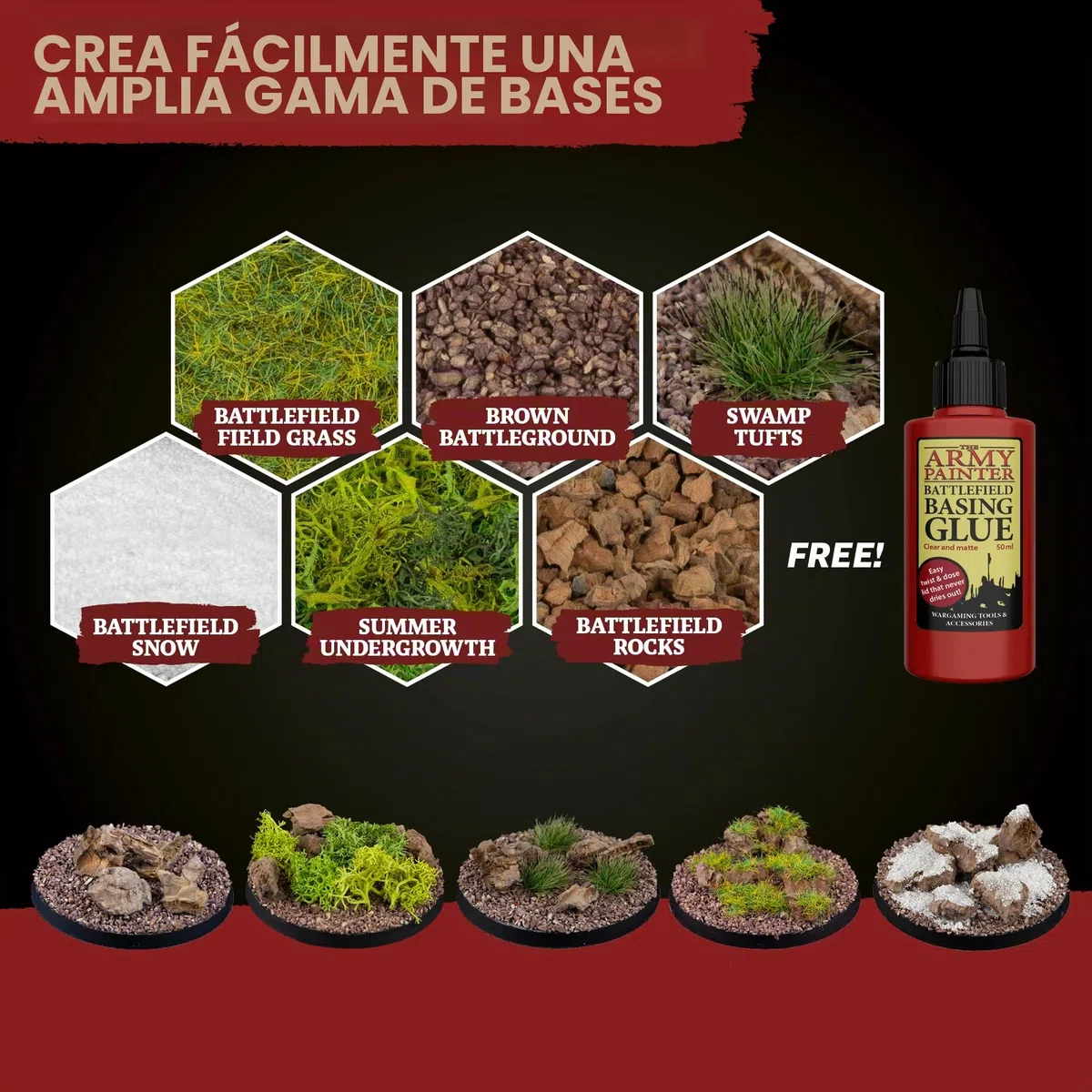 The Army Painter Battlefields Basing Set, 50ml Pegamento Miniaturas Pva, 35 Mechones Verdes, 1 Caja De Musgo, Campo De Batalla Marrón, Maleza De Verano Y Rocas De Batalla Para Warhammer 40k