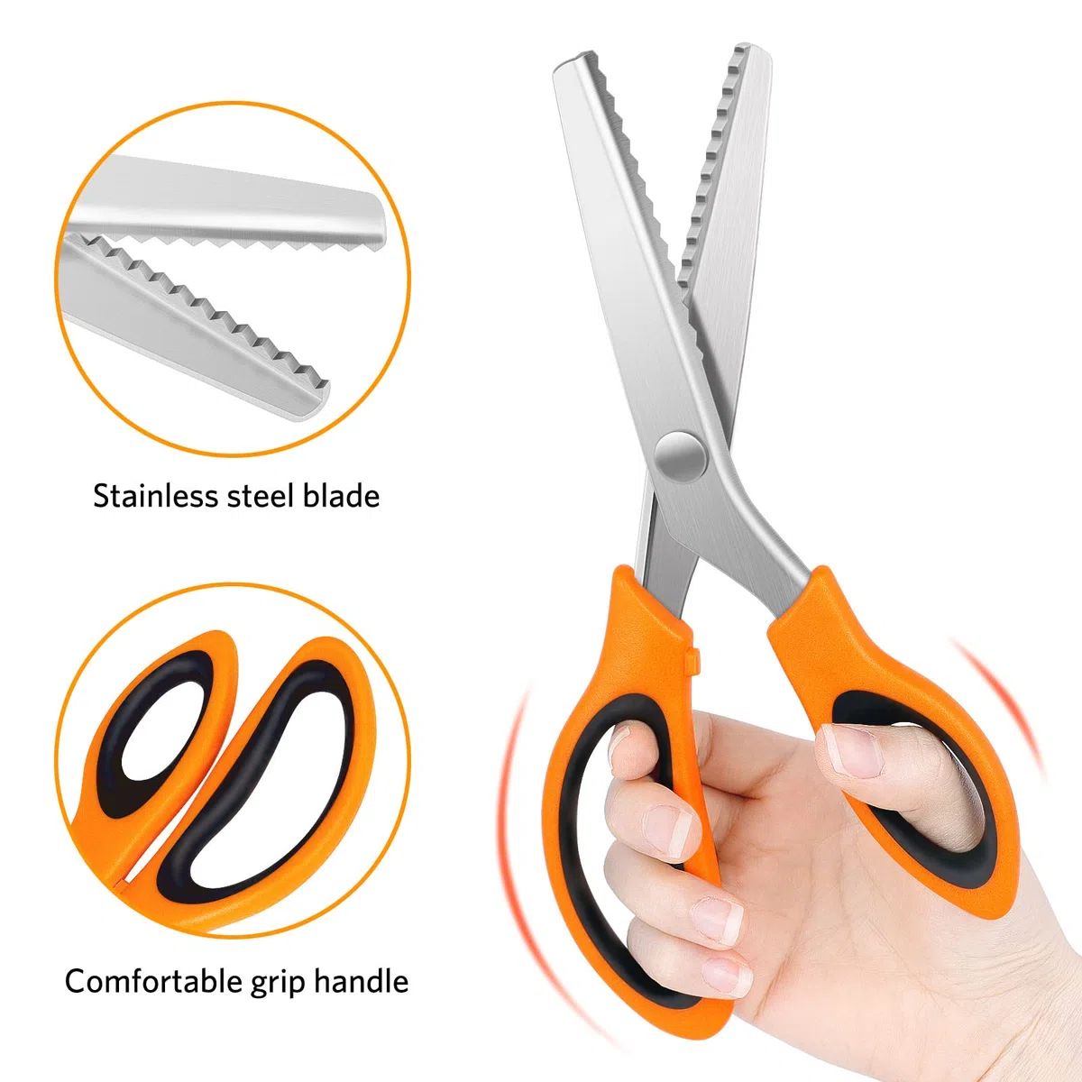 KUONIIY Tijeras dentadas (2 piezas, bordes dentados y ondulados) con tijeras para hilo, tijeras en zigzag con mango cómodo, para cortar tela, naranja negro