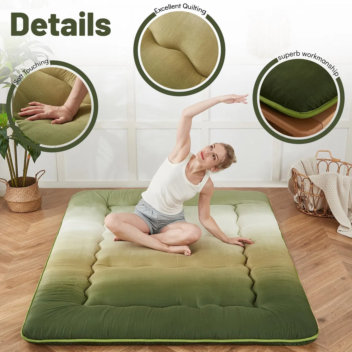 Zelladorra Colchón japonés de suelo, colchón futón con bolsa de almacenamiento portátil, colchón enrollable grueso de tatami adecuado para camping, habitación de invitados (degradado bosque,