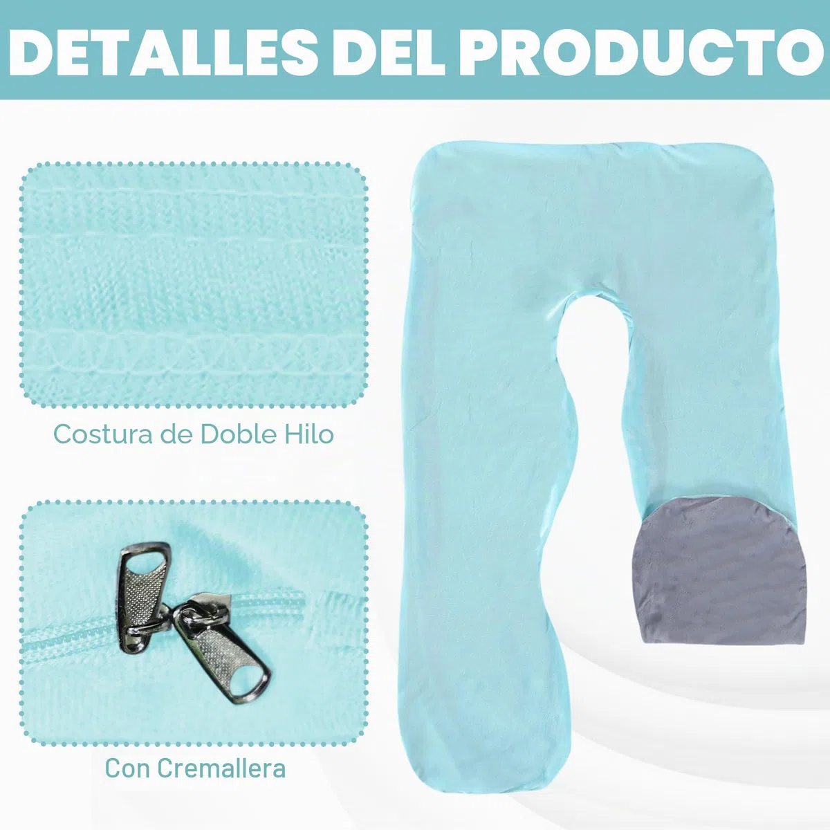 Funda para cojín de embarazo en forma de U: funda de almohada de algodón desmontable, funda de repuesto para cojín corporal para adultos, lavable a máquina, 140 x 80 cm (Azul claro + Gris)