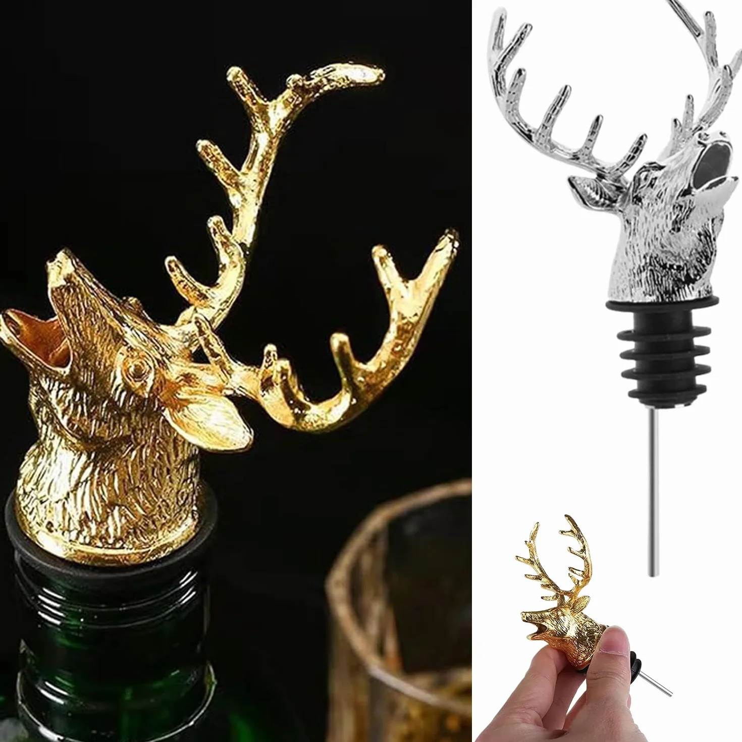 Juego de 2 Vertedores de Alcohol, Vertedor Botellas de Vino Ciervo Metal, Creativo Tapones Decorativos Para Botellas de Vino, Herramientas Del Vino, Pitorro Para Botella de Aceite (Oro y Plata)