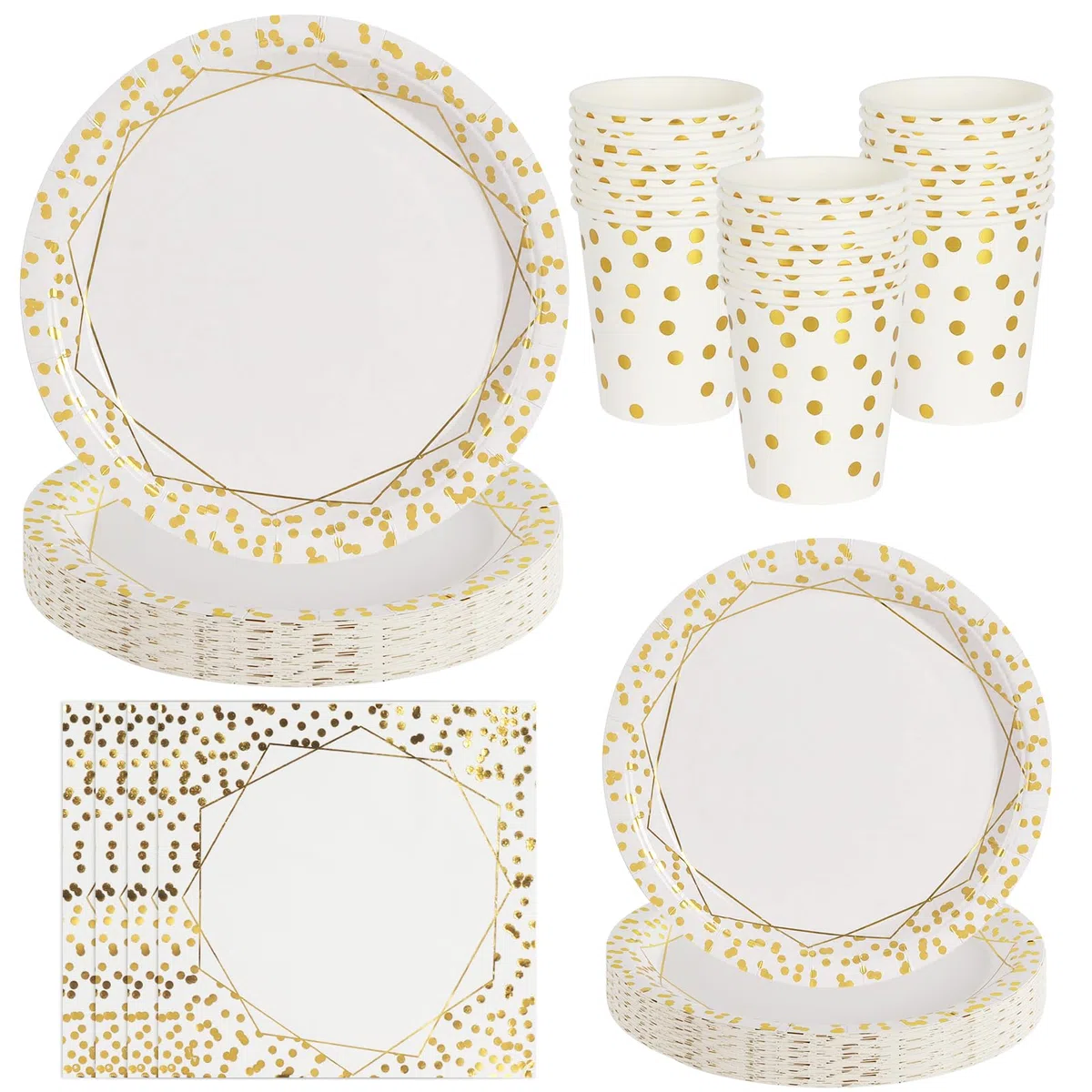 Conjunto de vajilla en color blanco dorado, compuesto por 80 piezas: incluye platos, vasos de papel y servilletas, ideal para fiestas de cumpleaños, banquetes y otras ocasiones-20 Invités
