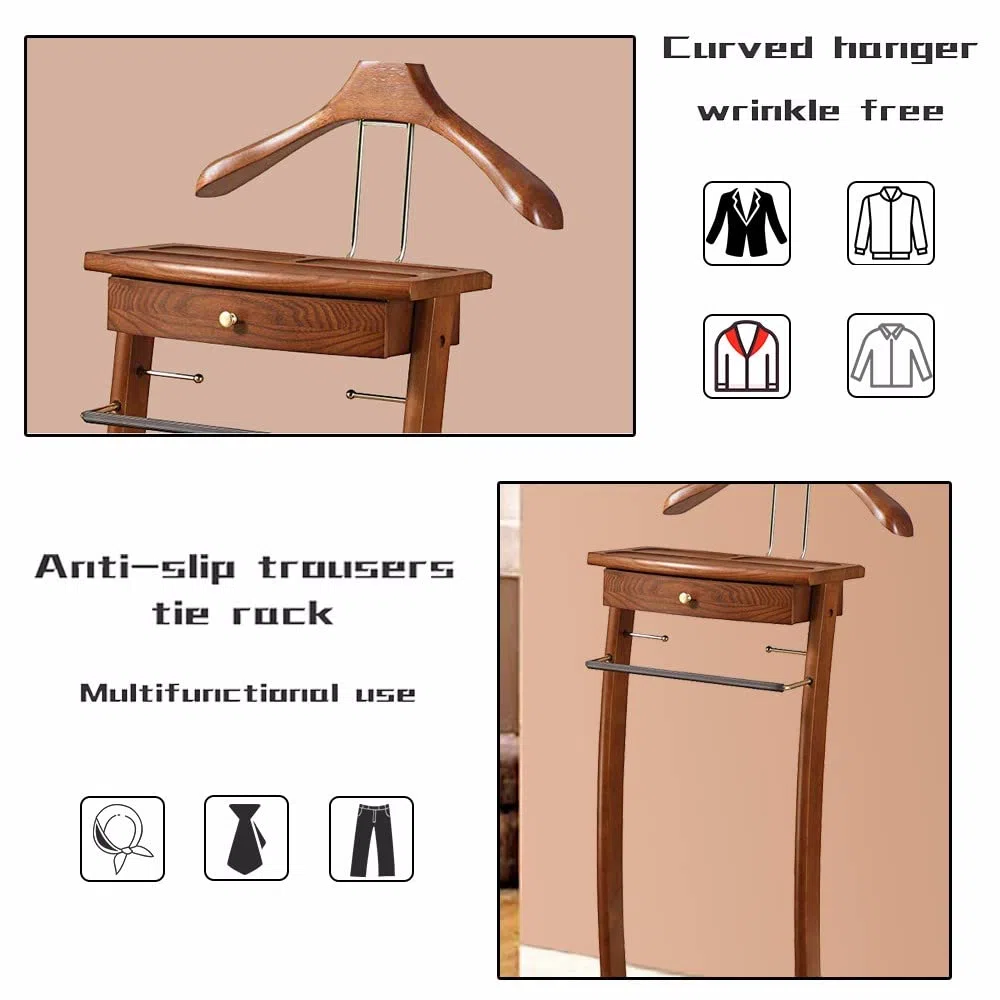RajoNN Perchero de pie para Ropa, con cajón, para Trajes, de Madera Maciza, Organizador fácil de Montar para Oficina, Sala de Estar, Dormitorio