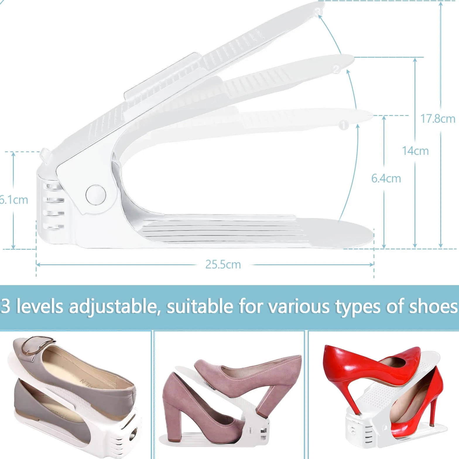 Organizadores de Zapatos 10Pcs Soporte de Calzado de Altura Ajustable Zapatos Antideslizante de Polipropileno，Zapatos Ahorra Espacio（Blanco）