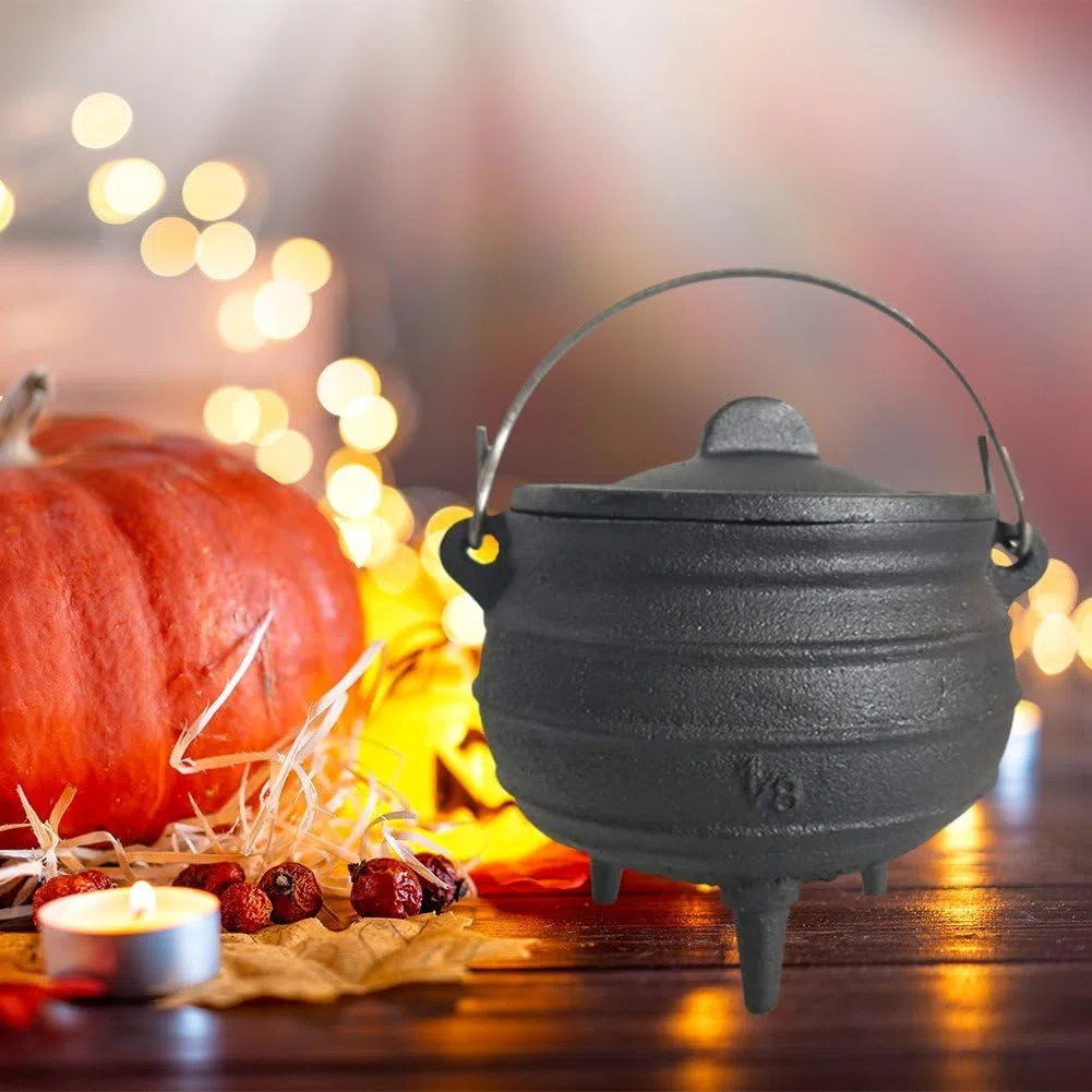 Caldero De Halloween Caldero De Hierro Fundido con Tapa Y, Cuenco De De Bruja, Incienso, Caldero De Brujería, Olla, Herramienta De Decoración De Fiesta De Halloween