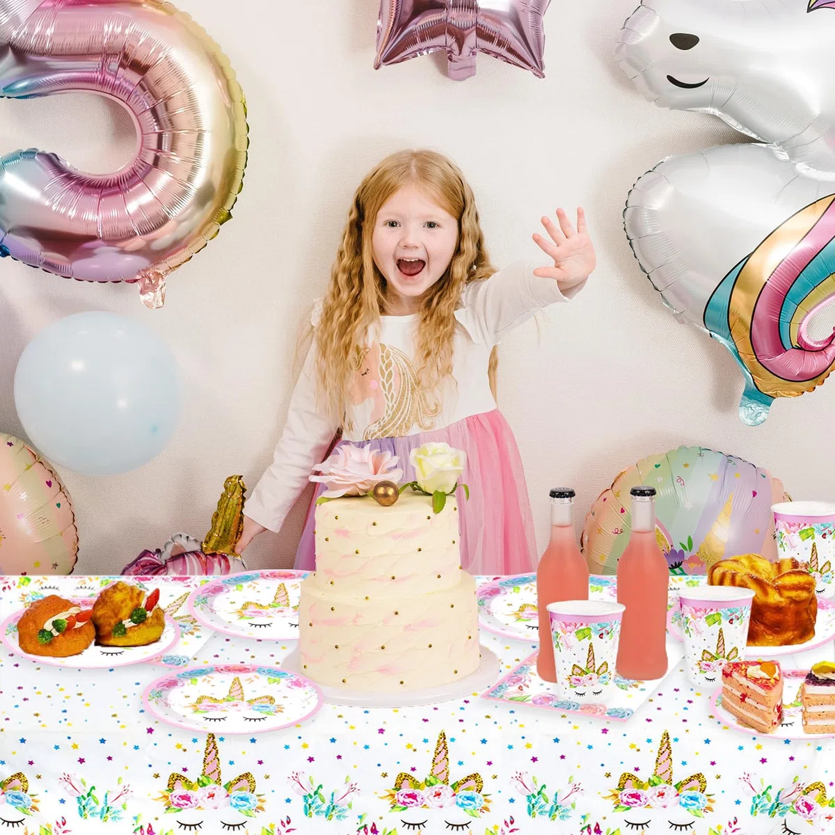 Bikasun Juego de vajilla de fiesta de unicornio, juego de 16 platos de unicornio, vajilla de cumpleaños infantil, platos de papel, tazas, servilletas, mantel, decoración para fiestas