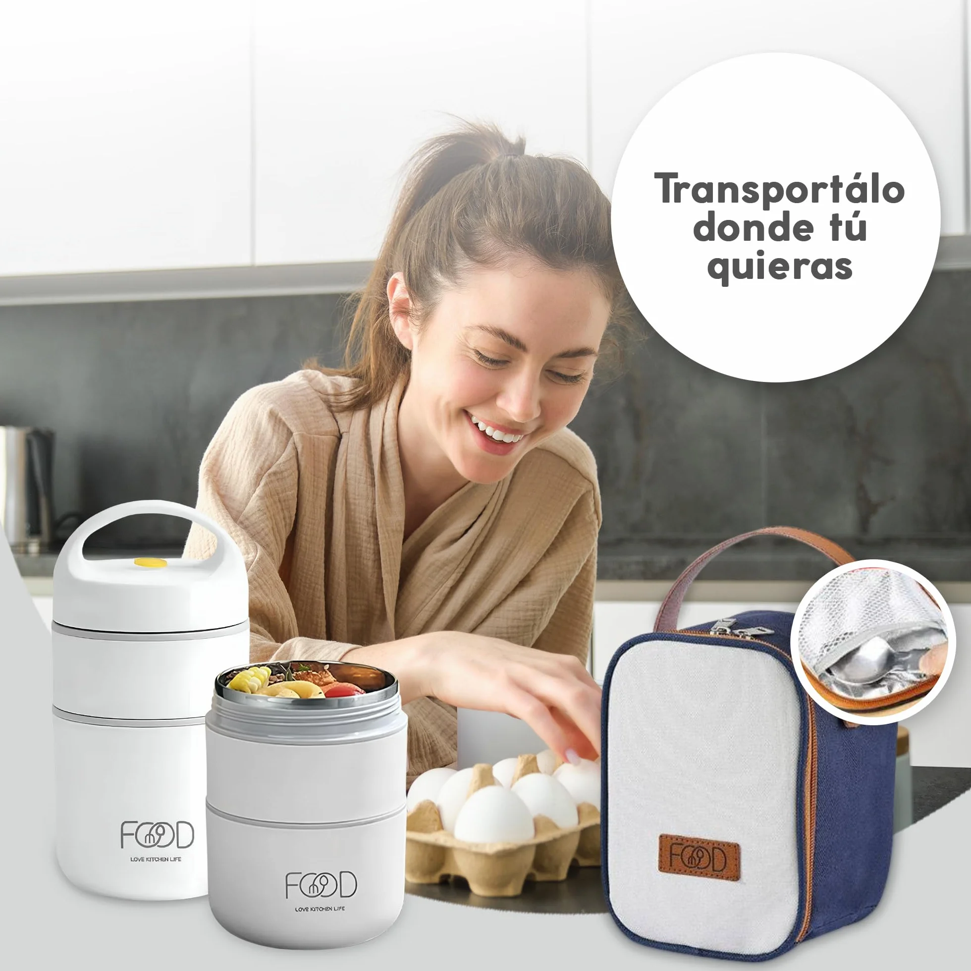 Lonchera semi termo para dos comida (660 ml) (blanca). Recipiente semi térmico adecuada para llevar comidas sin BPA con bolsa aislante de transporte para la comida del niño o adulto.