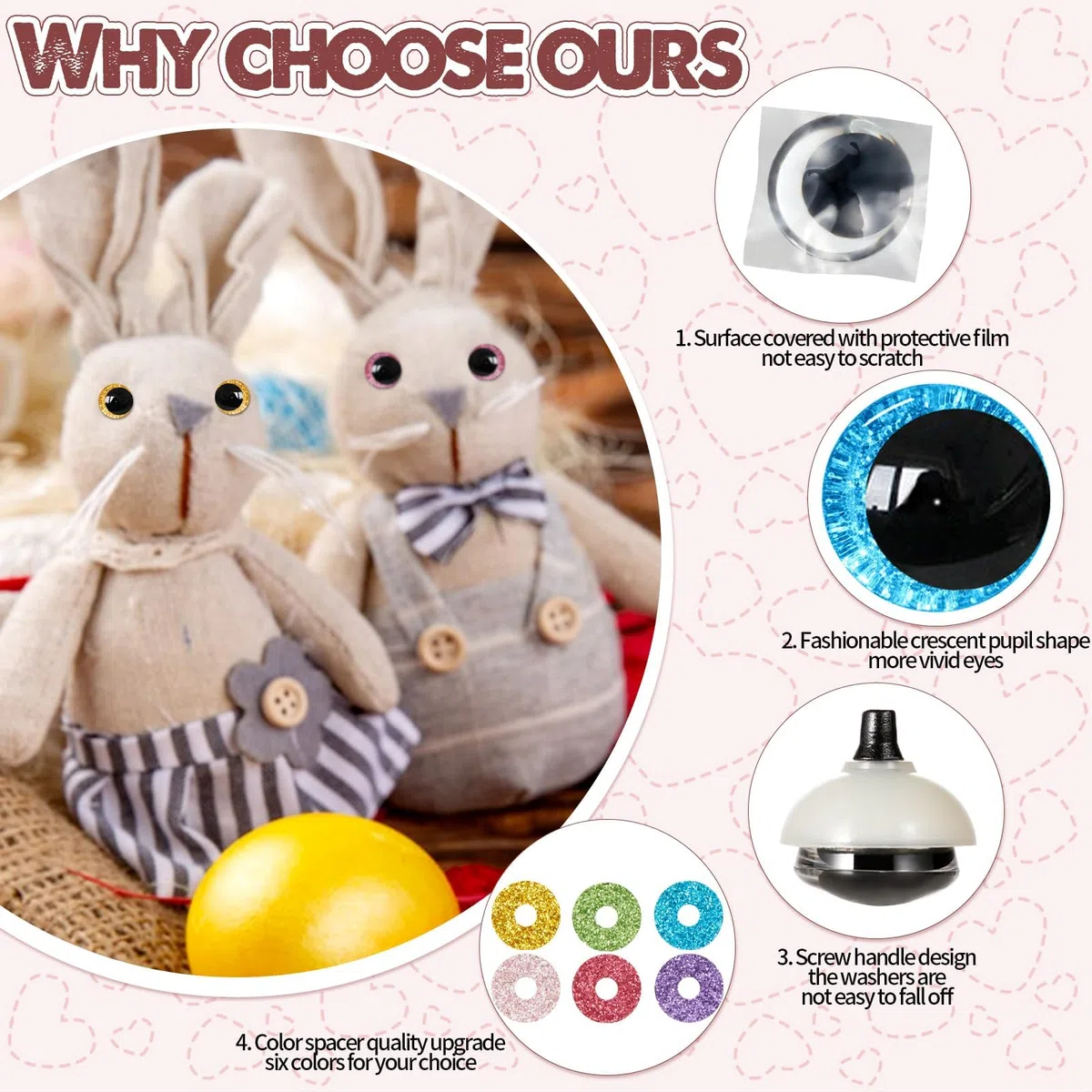 120 ojos de seguridad con purpurina 3D de 16 mm para ganchillo con arandelas, ojos de amigurumi de ganchillo para animales de ganchillo, ojos de manualidades, ojos de muñeca, ojos de