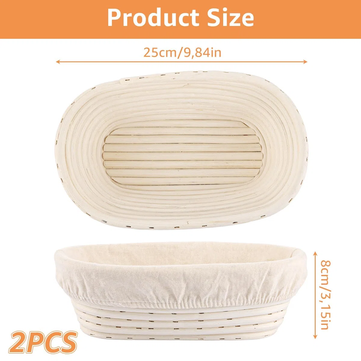 2 cestas de fermentación ovaladas, cestas de fermentación con forro de lino, diámetro de 25 cm, accesorio para panadería, molde de fermentación para pan y masa de pan
