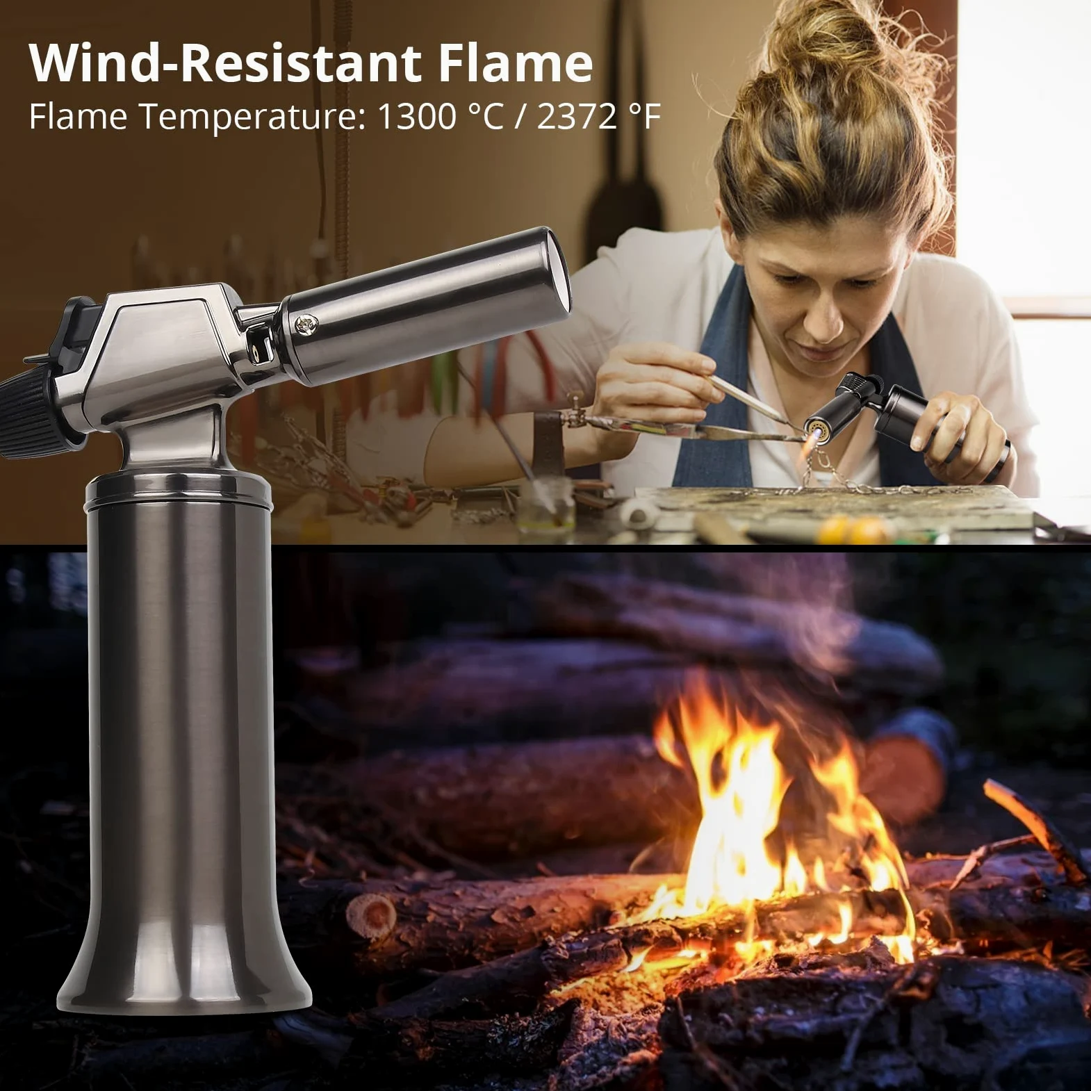 Sondiko Soplete de Butano, Metal de Calidad Prémium, Soplete de Llama Grande, Soplete con Llama Regulable y Resistente al Viento para Cocinar, Bricolaje y Soldadura (Butano no Incluido)