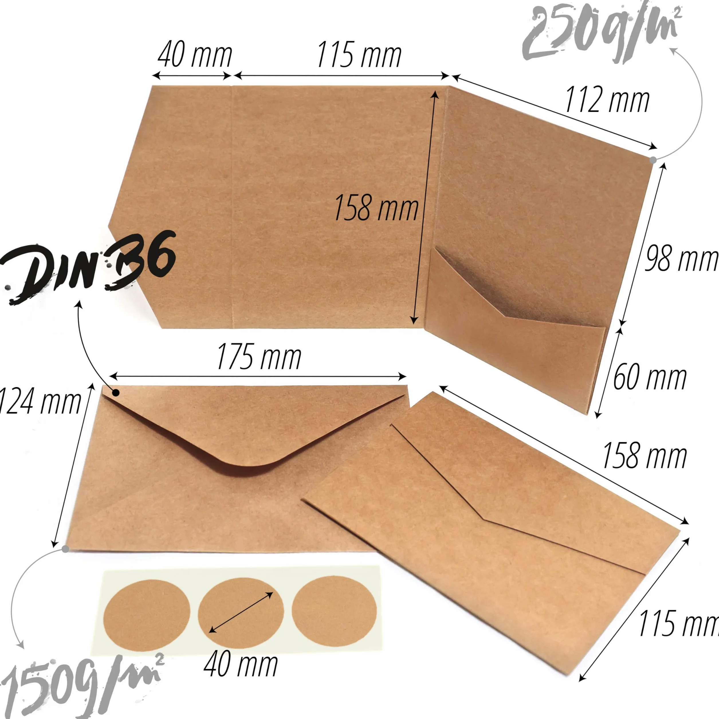 Japun - Pocketfold, Tarjetas de papel kraft en blanco plegables de bolsillo que incluyen sobres (DIN B6), boda, invitación - marrón - 25 piezas