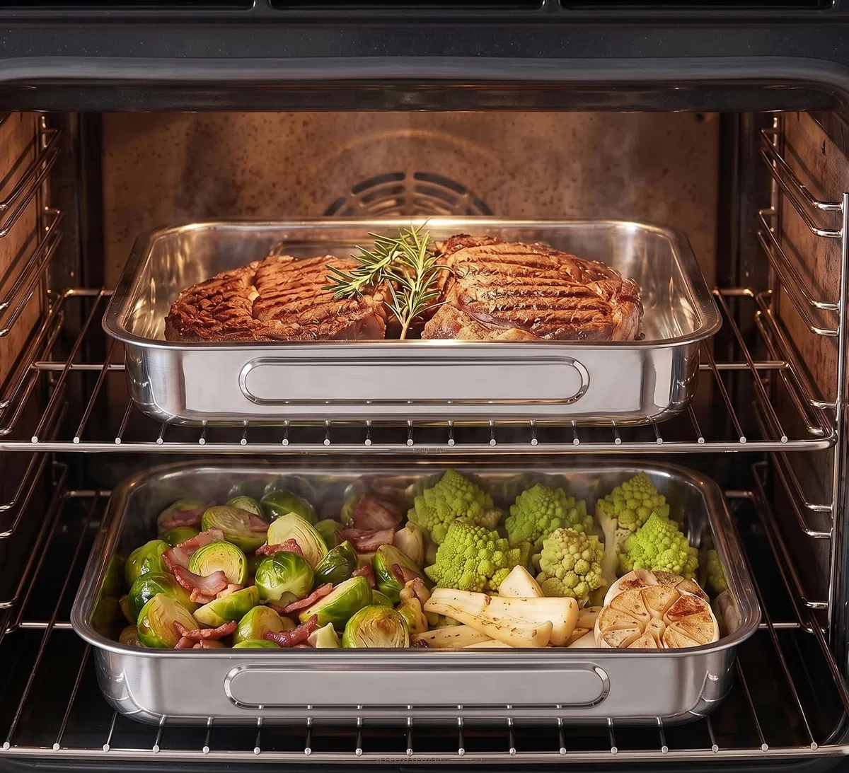MGE - 2X Rustidera de Horno - Bandeja de Horno Universal - Bandeja para Asar - Bandejas para Hornear - Fuentes de Horno - Fuentes para Asar - Acero Inoxidable - Set de 2