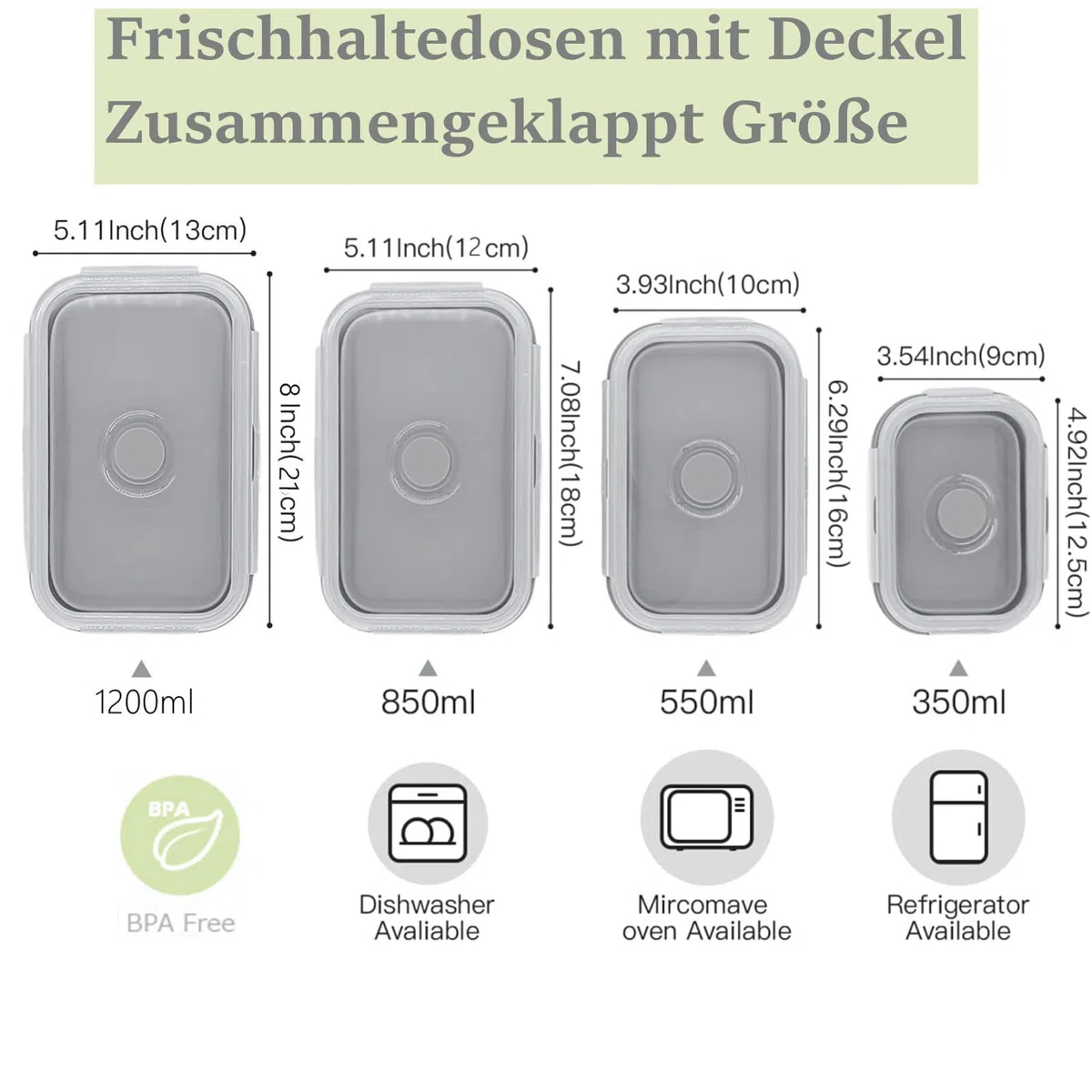 Juego de 4 Envases para Alimentos Plegables de Silicona, para Cocina, Pícnic, Senderismo, Escuela, Bento, Color Gris