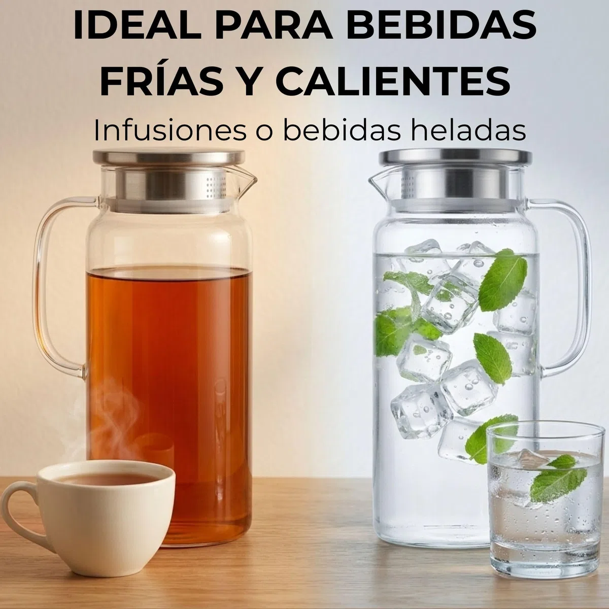 Jarra de Agua Cristal 1,2L con Tapa de Acero Inoxidable. Jarra de Agua en Vidrio Borosilicato Resistente al Calor, Botella Cristal Reutilizable, Vida Saludable. (1,2 Litros)