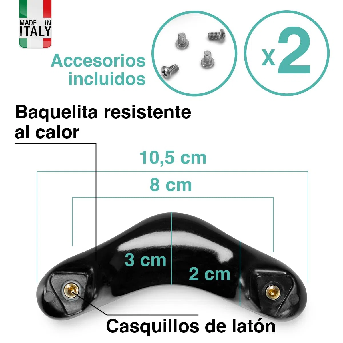 Mangos de olla con forma no original, pero compatibles con AMC – Rosca de latón y baquelita antiquemaduras, juego de 2 asas – Incluye 4 tornillos de acero inoxidable