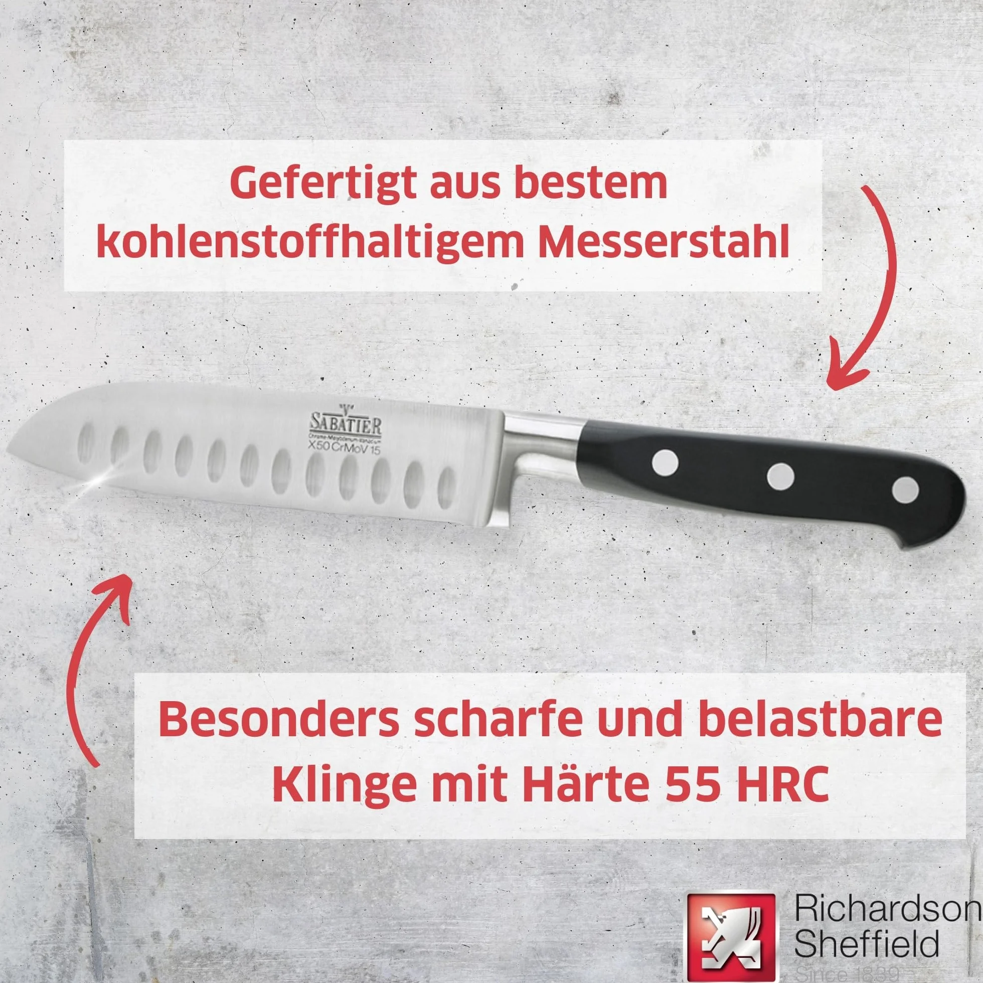 RICHARDSON SHEFFIELD Cuchillo Santoku de Acero Inoxidable de Grado más Fino V Sabatier, Acero Inoxidable, Negro, 12,5 cm