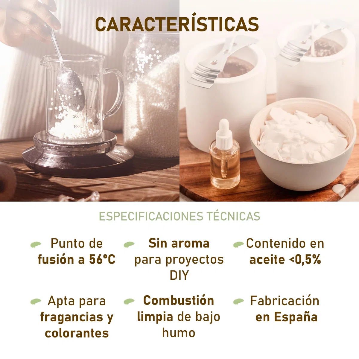 Cera de soja 100% Natural Premium para moldes, figuras, wax melts en bolsa de 2Kg. Perlas de alto punto de fusión y desmolde fácil, sin olor para DIY. Compatible con colorantes y fragancias.