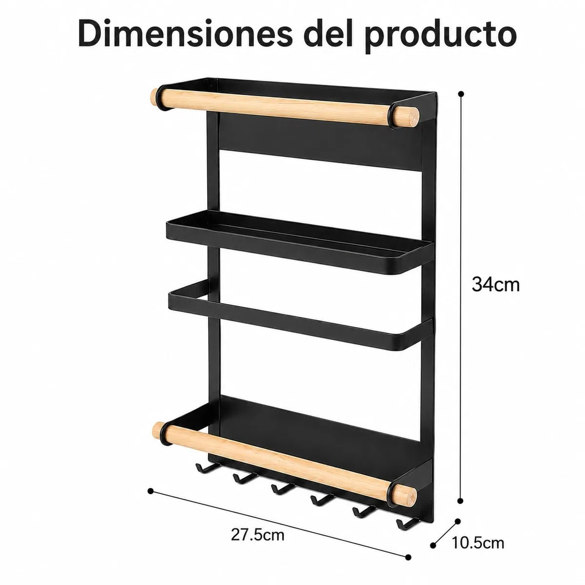 Estantería Magnética para Especias 2 Niveles con 6 Ganchos, Organizador de Cocina Negro Mate, Compacto y Funcional 26,5x18x19 cm, Ahorra Espacio y Ordena Fácilmente