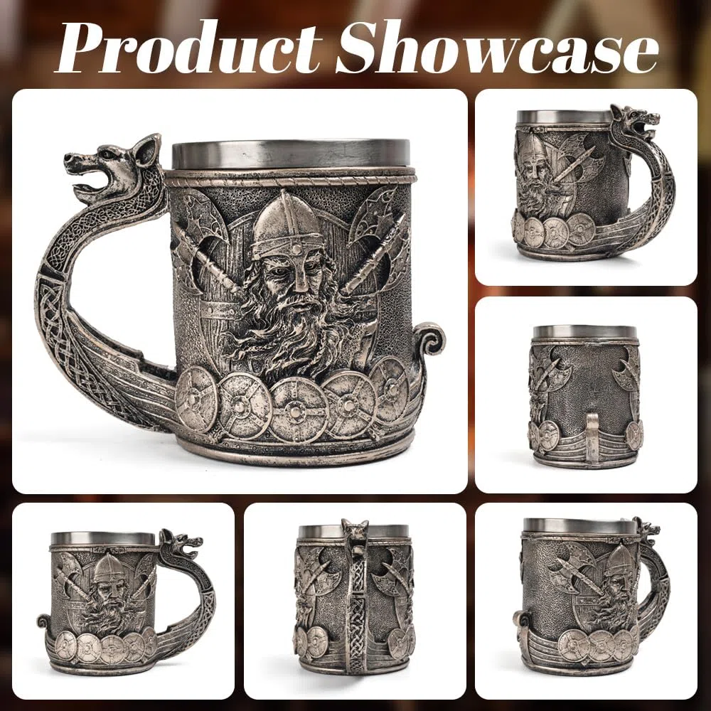 Jarra Cerveza Vikinga, SGZIOO Jarra Cerveza de Madera 500ml, Rune Vintage Caneca Cerveja Con Forro de Acero Inoxidable, Taza de Bebida Medieval para Café/Bebida, Hombres y Regalo del Día Del Padre