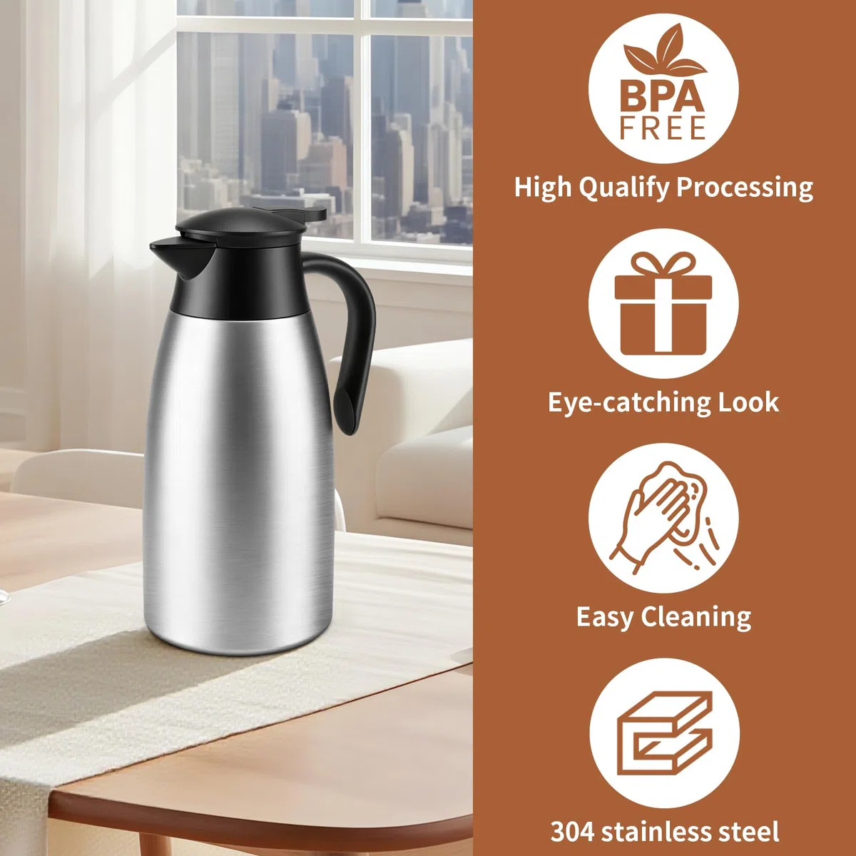 2 Litros Jarra Termo, Jarra Térmica se Acero Inoxidable 304, Termo con Aislamiento Térmico, Se Mantiene Caliente Durante 24 Horas Para Café, Té, Agua, Bebida
