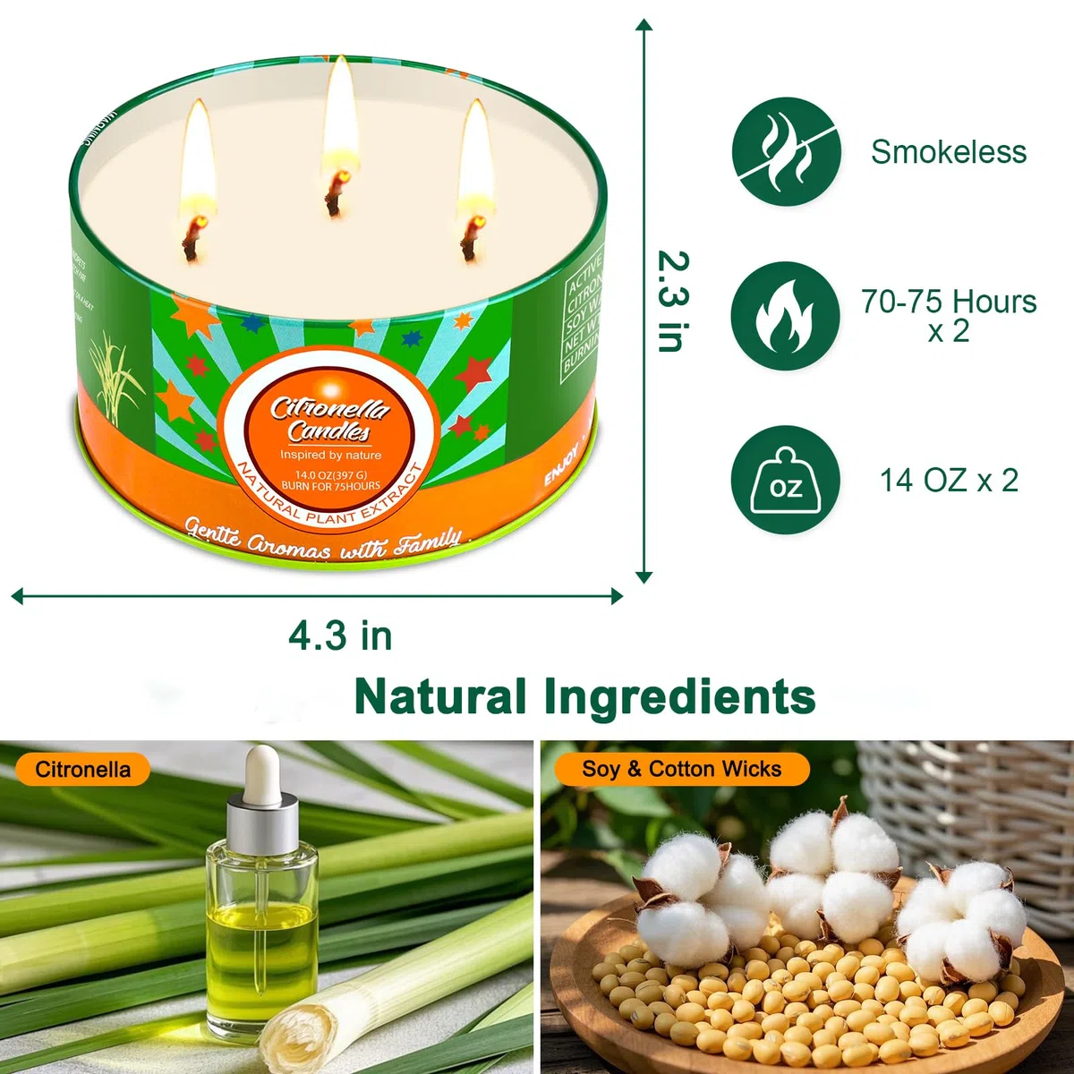 Aottom Vela de Citronela Grandes Jardín, Regalo Verano, 100% Natural Candle Cera de Soja, Velas Aromaticas para Exteriores/Interiores/camping/hogar, 2 * 14oz, 140H