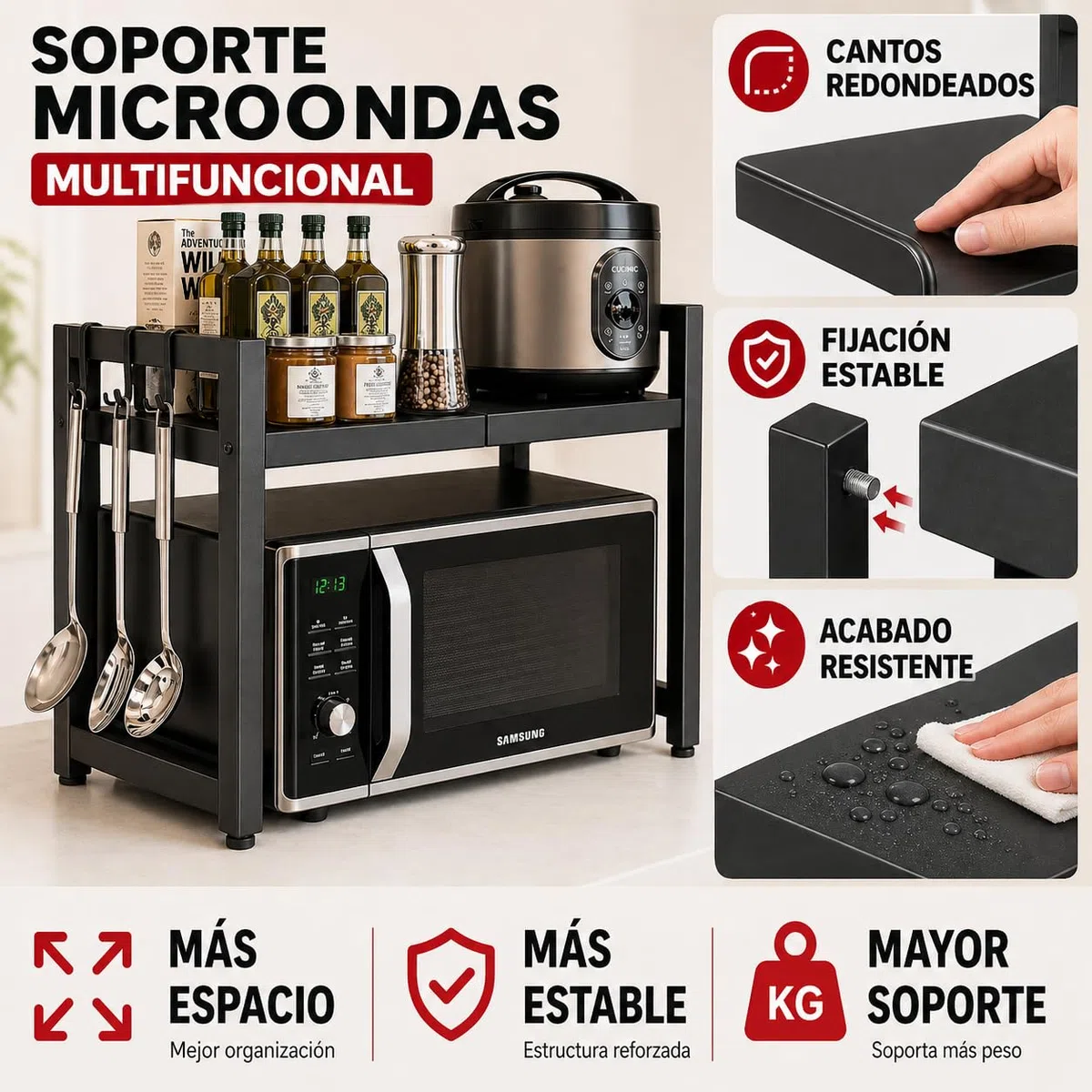 Soporte Microondas Encimera Ajustable - Estante para Microondas y Horno - Estantería Microondas Cocina con Almacenamiento - Organizador Cocina Encimera Resistente - Mueble para Microondas y Cafetera