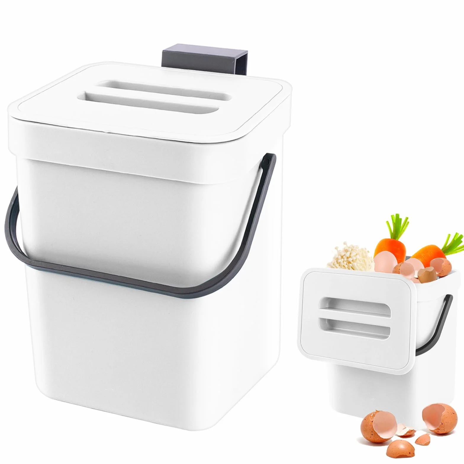 Pequeño Contenedor De Compost De Cocina, Bote De Basura, Contenedor De Residuos Orgánicos Colgantes, Bote De Basura De Encimera, Contenedor con Tapa, Compostador, Interior, 3L, Blanco