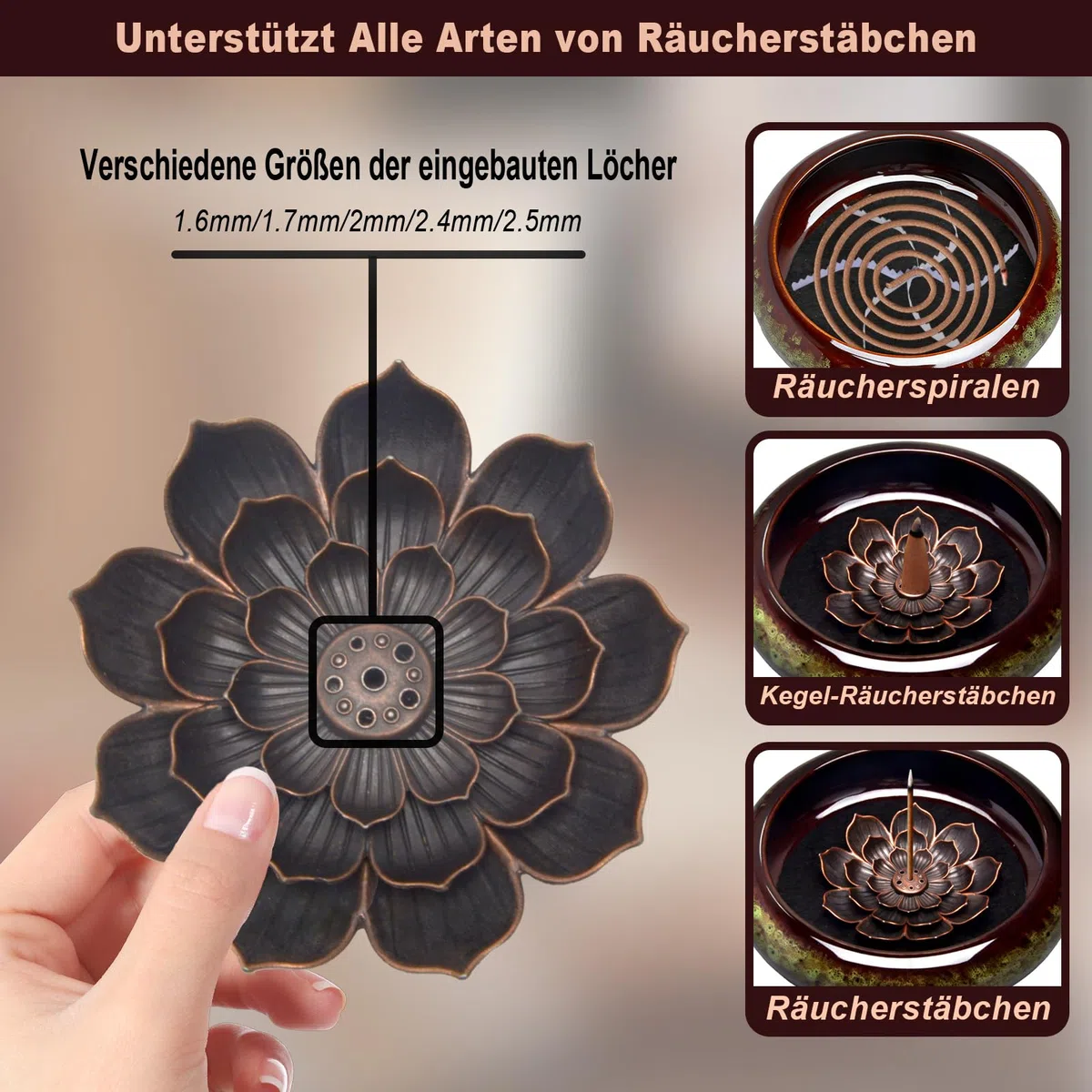 Portaincienso con diseño de Loto Desmontable: incensario fácil de Limpiar para meditación y Yoga-Cuenco de cerámica para Incienso en Varillas, Conos y espirales-Regalos Decorativos (Verde)