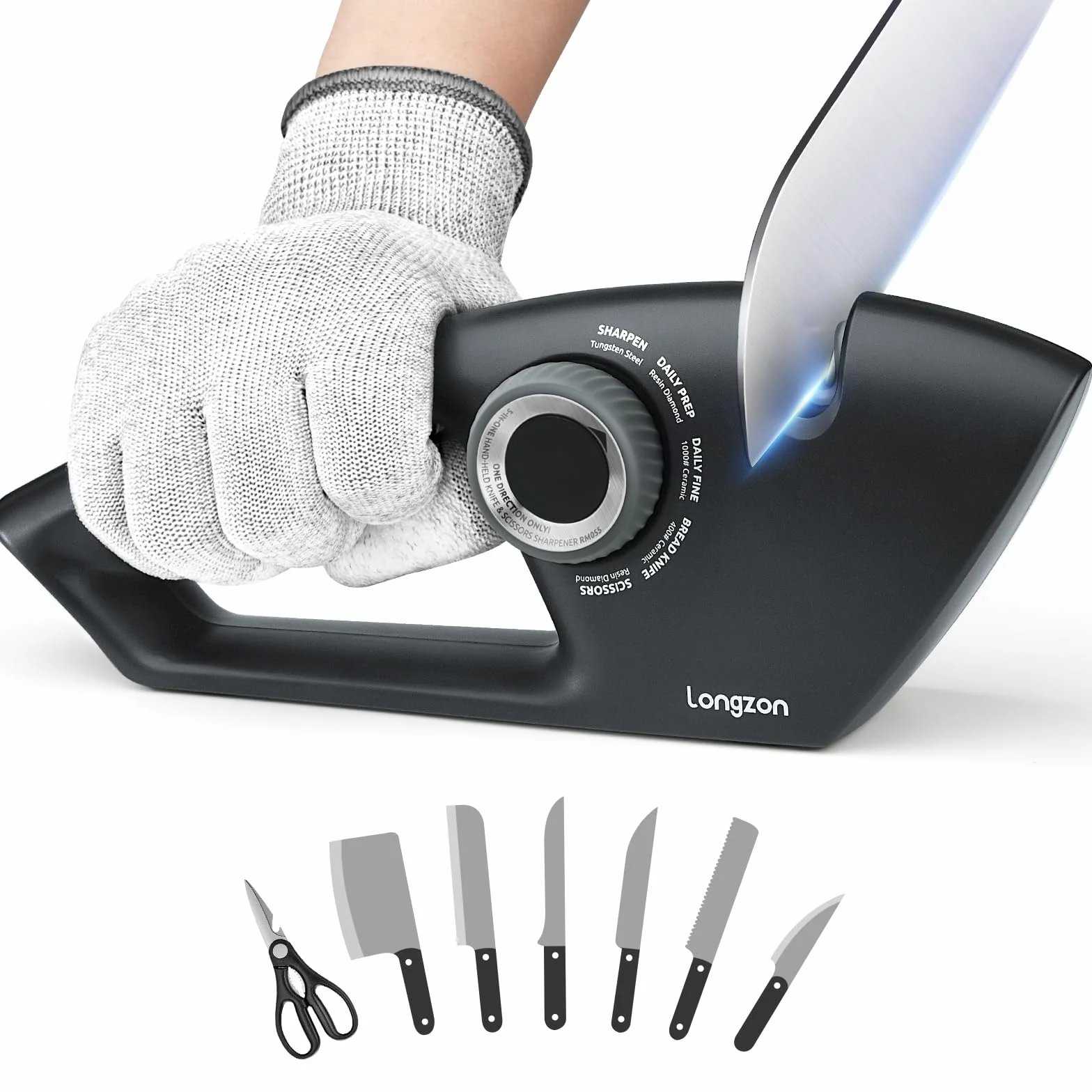 Longzon Afilador de Cuchillos Profesional 5 en 1 - Manual para Cocina, Knife Sharpener