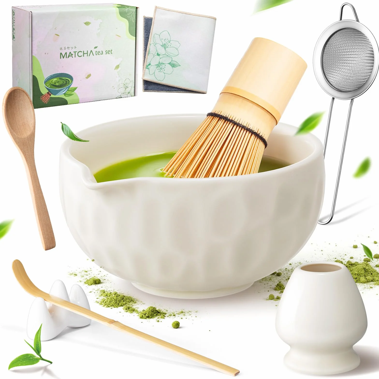 Matcha Kit 8 Piezas – Set para la Ceremonia Japonesa del Té con Cuenco con Pico, Batidor de Bambú (Chasen), Soporte, Chashaku y Tamiz – Regalo para Amantes del Matcha, Beige