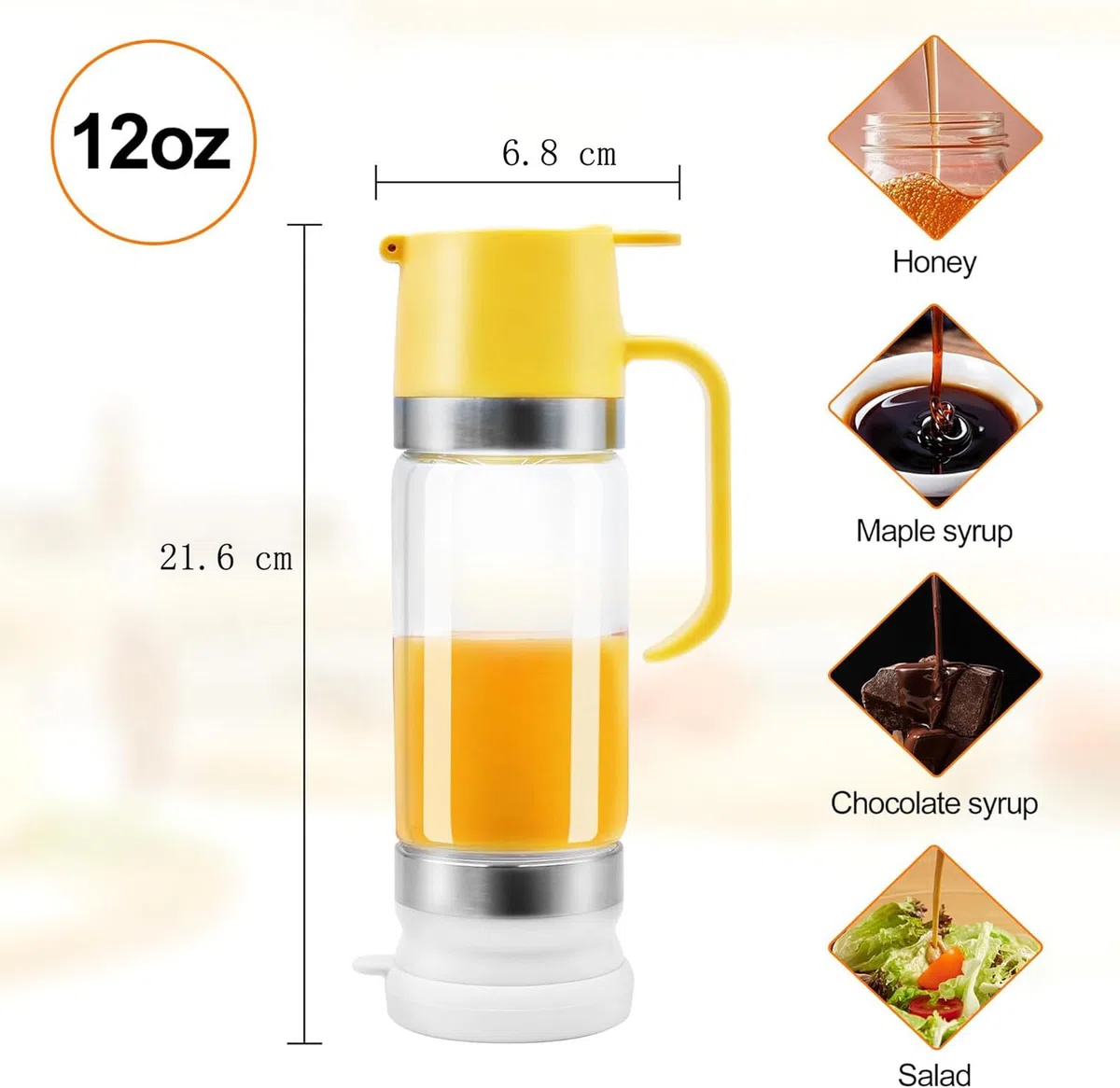 Dispensador de miel de cristal, 350 ml, boquilla antigoteo con mango y base antideslizante, recipiente de cristal multiusos para miel, jarabe, café (apto para lavavajillas), color amarillo