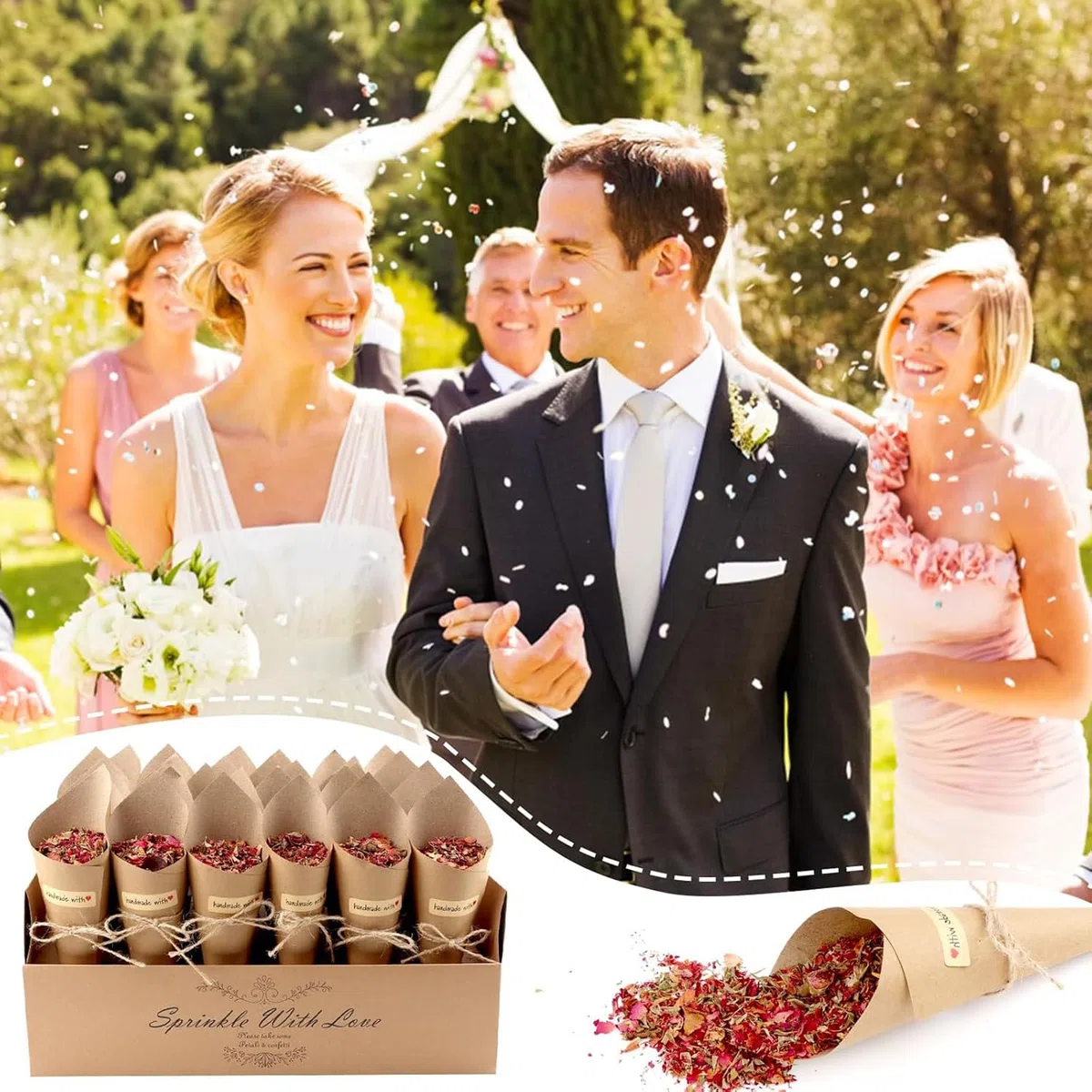 Conos para arroz de boda con paquetes de confeti nupcial, portaconfites Kraft con 30 orificios