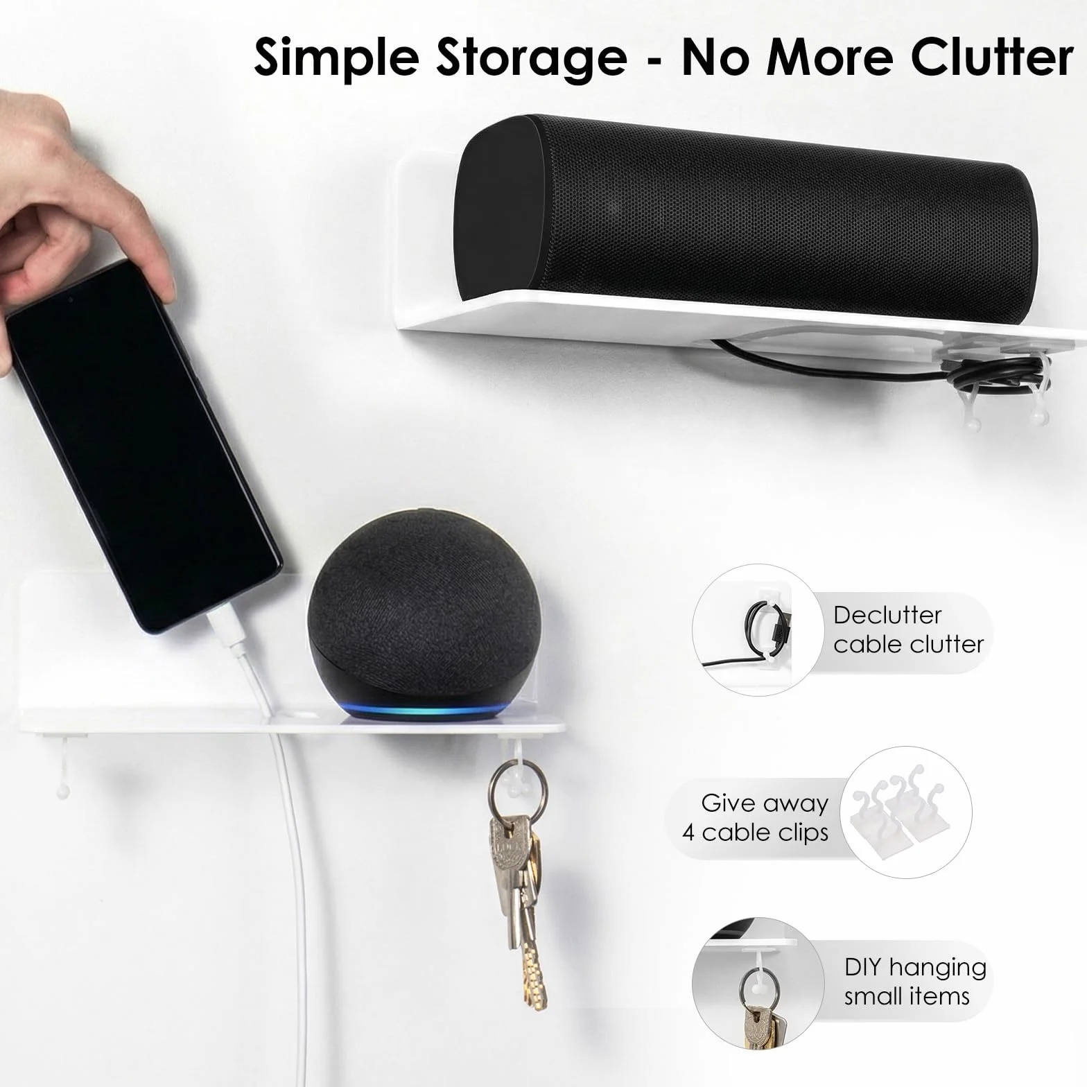 OAPRIRE Estanteria Pared Blanca Juego de 2, 23cm Baldas Pared Sin Agujeros de Acrílico con Clips Cables para Dormitorio, Baño, Cocina, Sala de Estar, Oficina, Amplíe Fácilmente El Espacio de la Pared