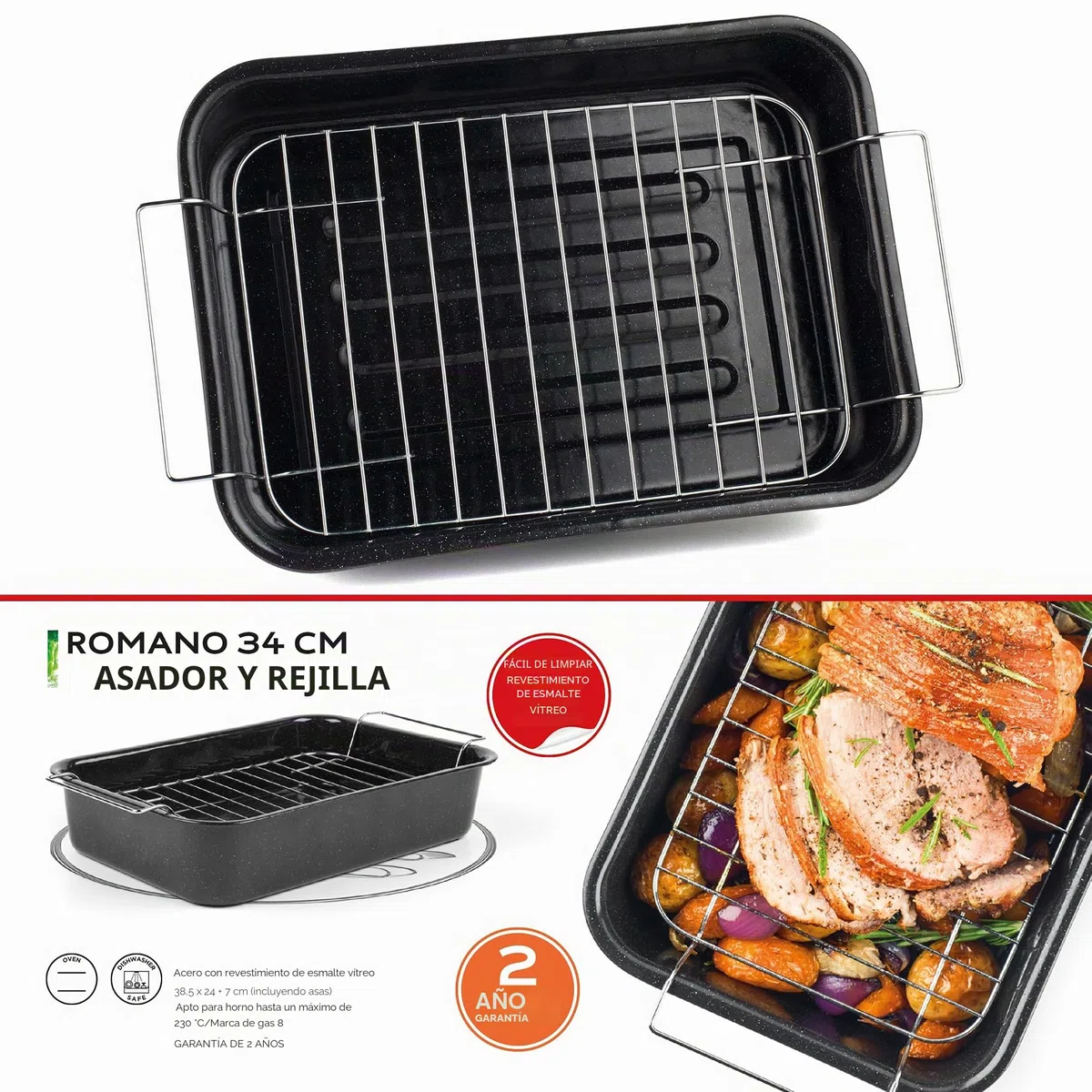 Russell Hobbs CW9161 Fuente para Horno Cuadrada Romano con Esmalte vítreo y Rejilla, 38.5 cm, antiadherente, bandeja honda grande, acabado moteado, negro