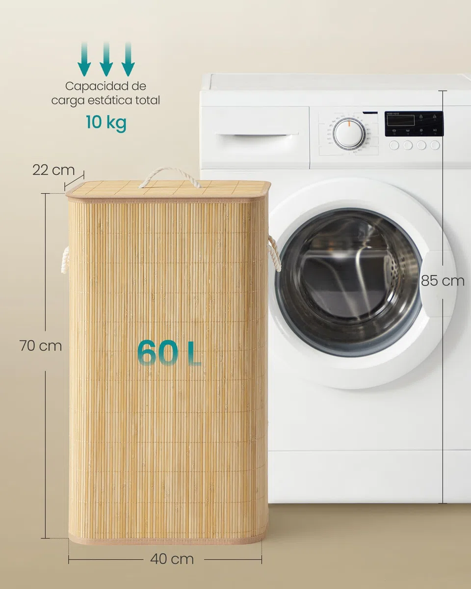 SONGMICS Cesto para la Ropa Sucia con Tapa, 60 L, Bambú, Rectangular, con Asas, Plegable, Forro Extraíble Lavable a Máquina, Natural LCB076YZ01