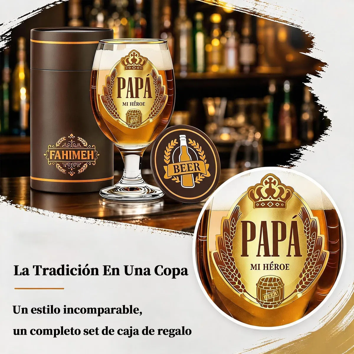 FAHIMEH Regalo Papá, Regalos Dia del Padre Cumpleaños Aniversario Navidad Jarra de Cerveza, de Hijos e Hijas Originales Ideas Hombres Presentes con Posavasos, 400ml