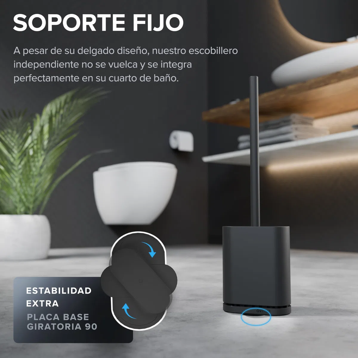 ovimar Escobillero Abeloya | Negro | Escobilla de baño de Silicona | Escobilla de baño con ventilación | Acero Inoxidable | Bandeja de Goteo extraíble | sólo 6 cm de Ancho | Montaje en Pared Opcional