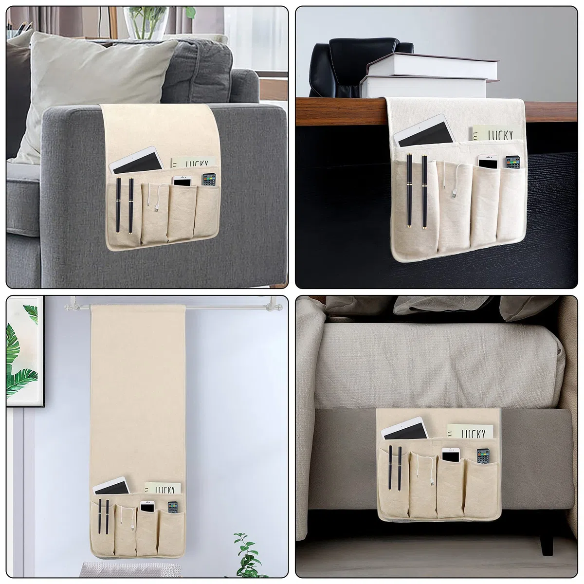 N\B NB NB Organizador para reposabrazos de sofá, organizador de mesita de noche con 5 bolsillos, soporte antideslizante para control remoto de sofá, accesorios para sillón (35 x 12.4 pulgadas, beige)