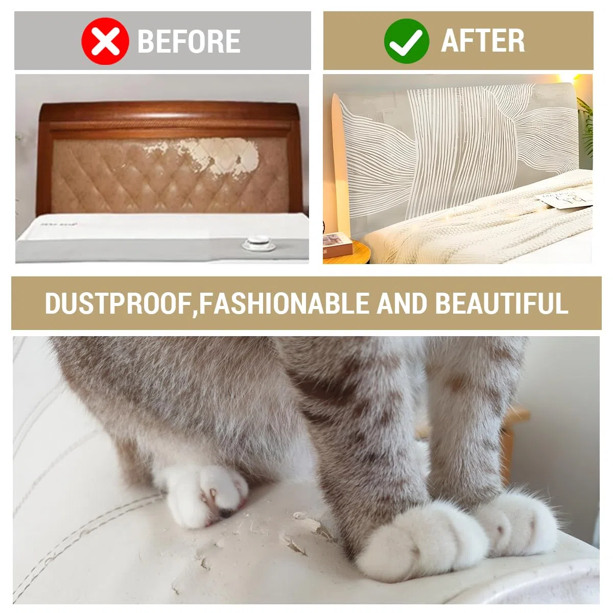 Beige Funda para Cabecero, Protector de Funda de Cabecera de Cama, Elástica Cabecera, Diseño Todo Incluido Prueba de Polvo Cabecero, Desmontable y Lavable -170-190cm