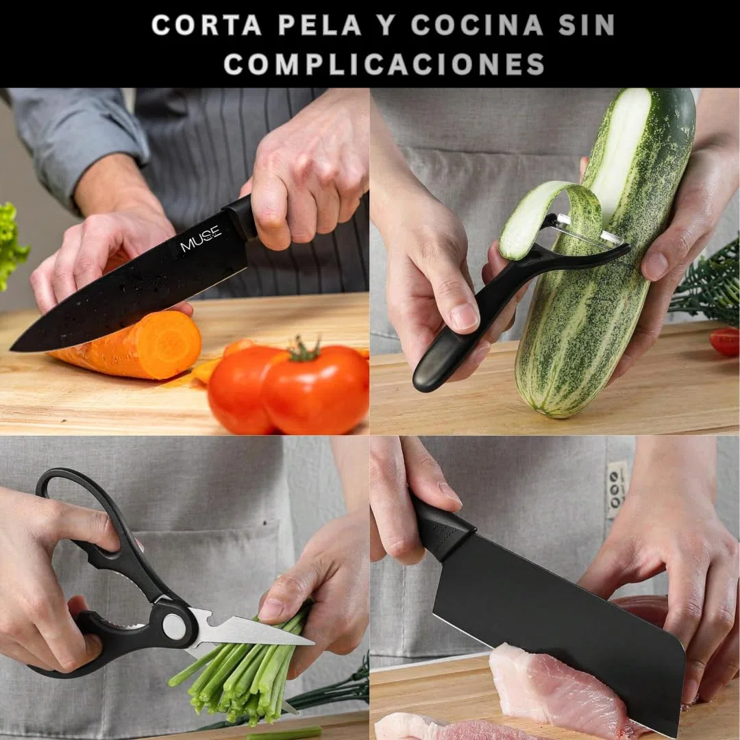 Juego de Cuchillos de Cocina Profesional 8 Piezas con Soporte, Pelador y Afilador, Set Completo de Cuchillos para Carne y Cocina