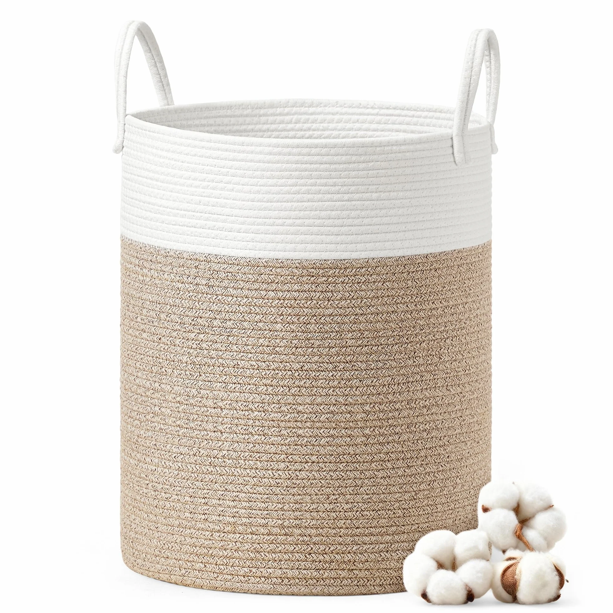 SONGMICS Cesto para Ropa Sucia 60 L Cuerda de Algodón 35 x 35 x 50 cm Blanco y Marrón Grisáceo