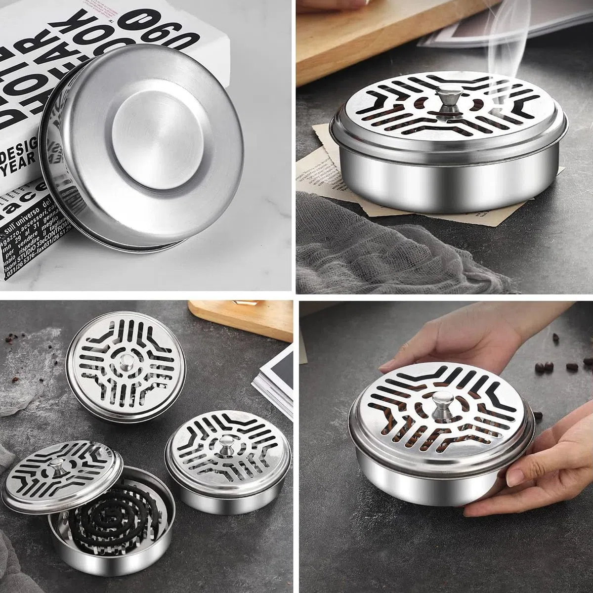 4PCS Porta Incienso Antimosquitos,Portable Mosquito Coil Holder,Porta Incienso Espiral,Quemador Incienso Caja, Clásico Diseño Portátil Soporte Incienso Metal para Casa Camping Viajes Hotel