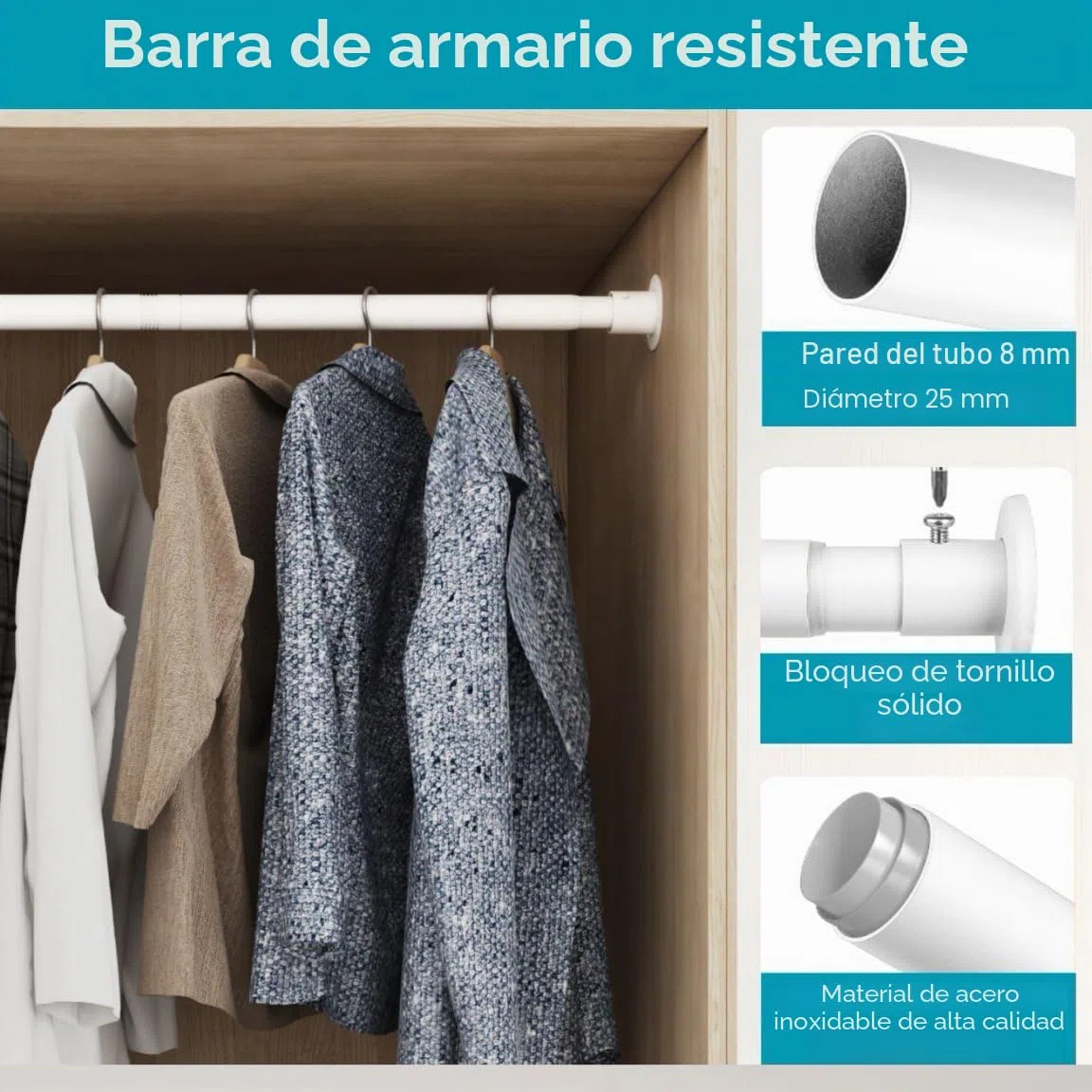Riel de armario extensible para colgar en la pared, para ropa, dormitorio, ventanas y duchas, 45-66 cm de diámetro, 25 mm, color blanco
