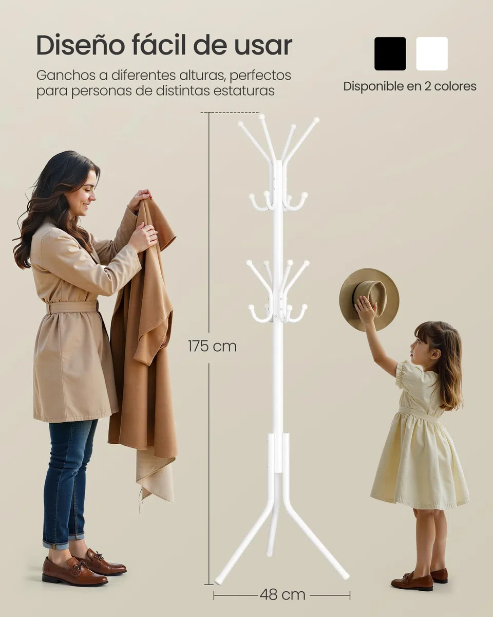SONGMICS Perchero, Burro de Ropa de Metal, Perchero para Ropa, Bolsos y Sombreros, Altura 175 cm, con 16 Ganchos, para Recibidor, Salón y Dormitorio, Blanco Nube RCR081WC01