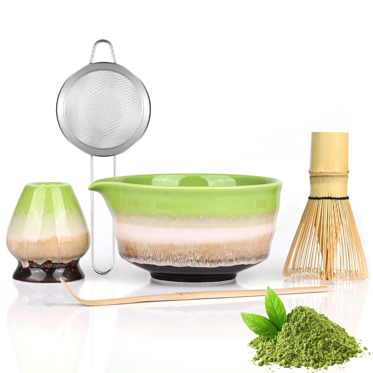Matcha Kit (5 piezas) – Juego de escoba Matcha con batidor, soporte para escoba, cuenco de cerámica para matcha, cucharaditas – Accesorio japonés para la ceremonia matcha