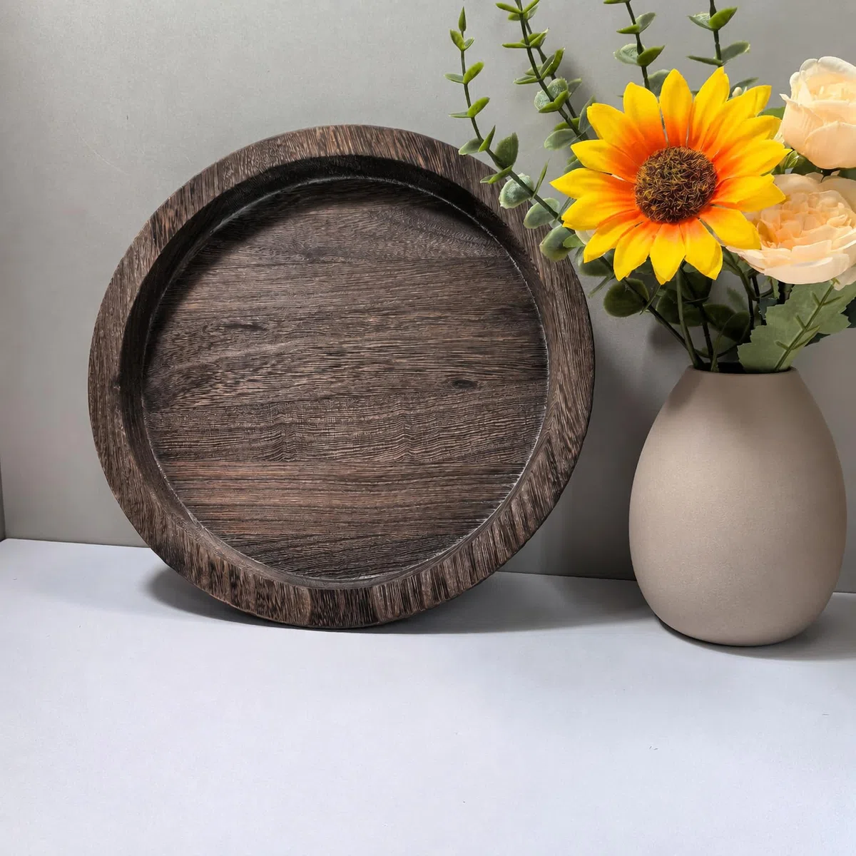 Bandeja Redonda de Madera Oscura para Velas, Bandeja Decorativa Centro de Mesa Rústico para Mesa de Centro Salón Decoración Hogar