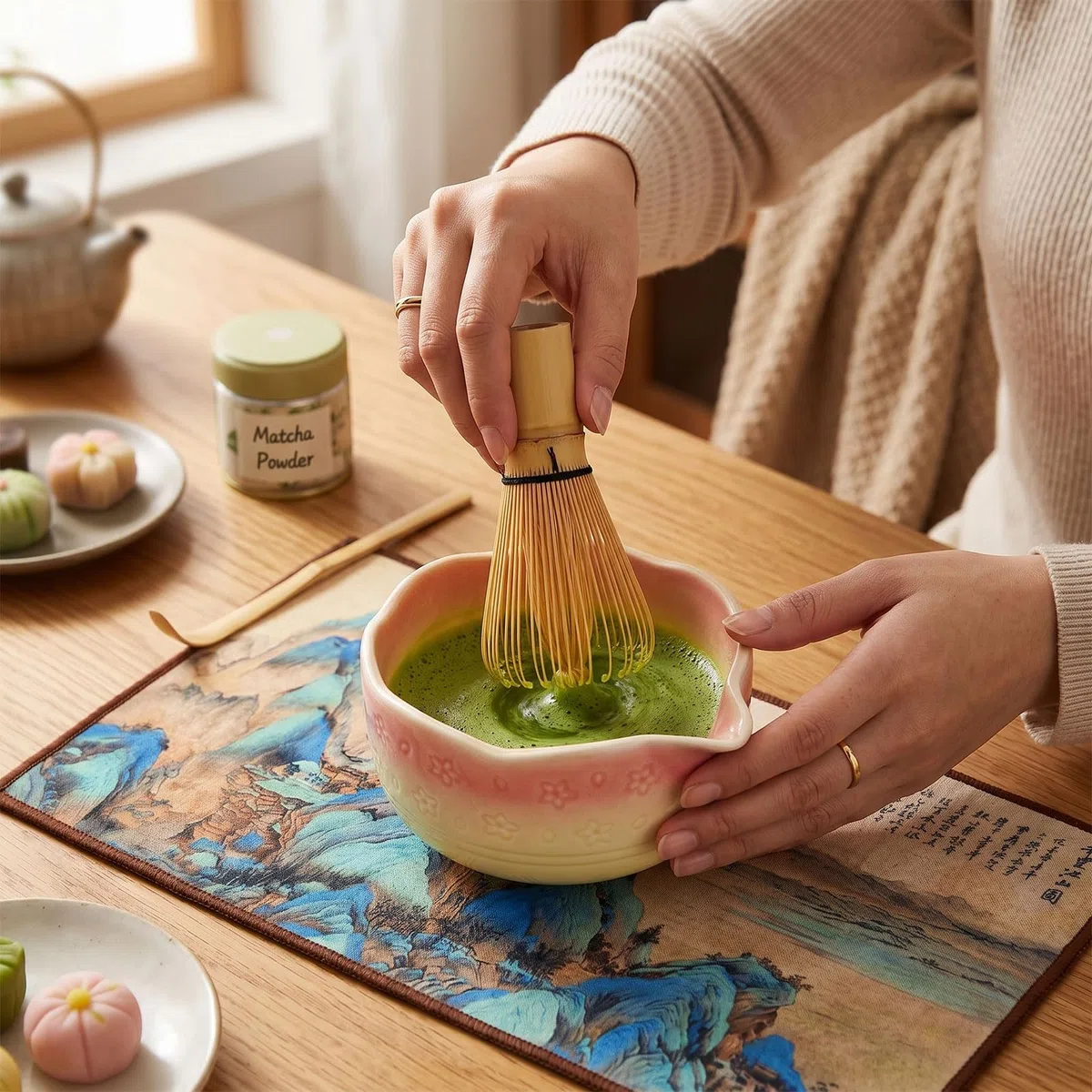 Kit Matcha 8 Piezas, Set Ceremonia Té Japonés con Cuenco 550ml, Batidor, Soporte Chasen, Cuchara Chashaku, Porta Cuchara, Colador y Paño