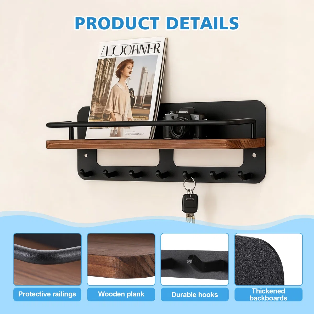 Zocipro Portallaves de Madera con Estante, Llavero para Montar en la Pared con 7 Ganchos, Colgador de Llaves para Entrada, Vestíbulo, Cocina, Oficina, Baño y Sala de Estar