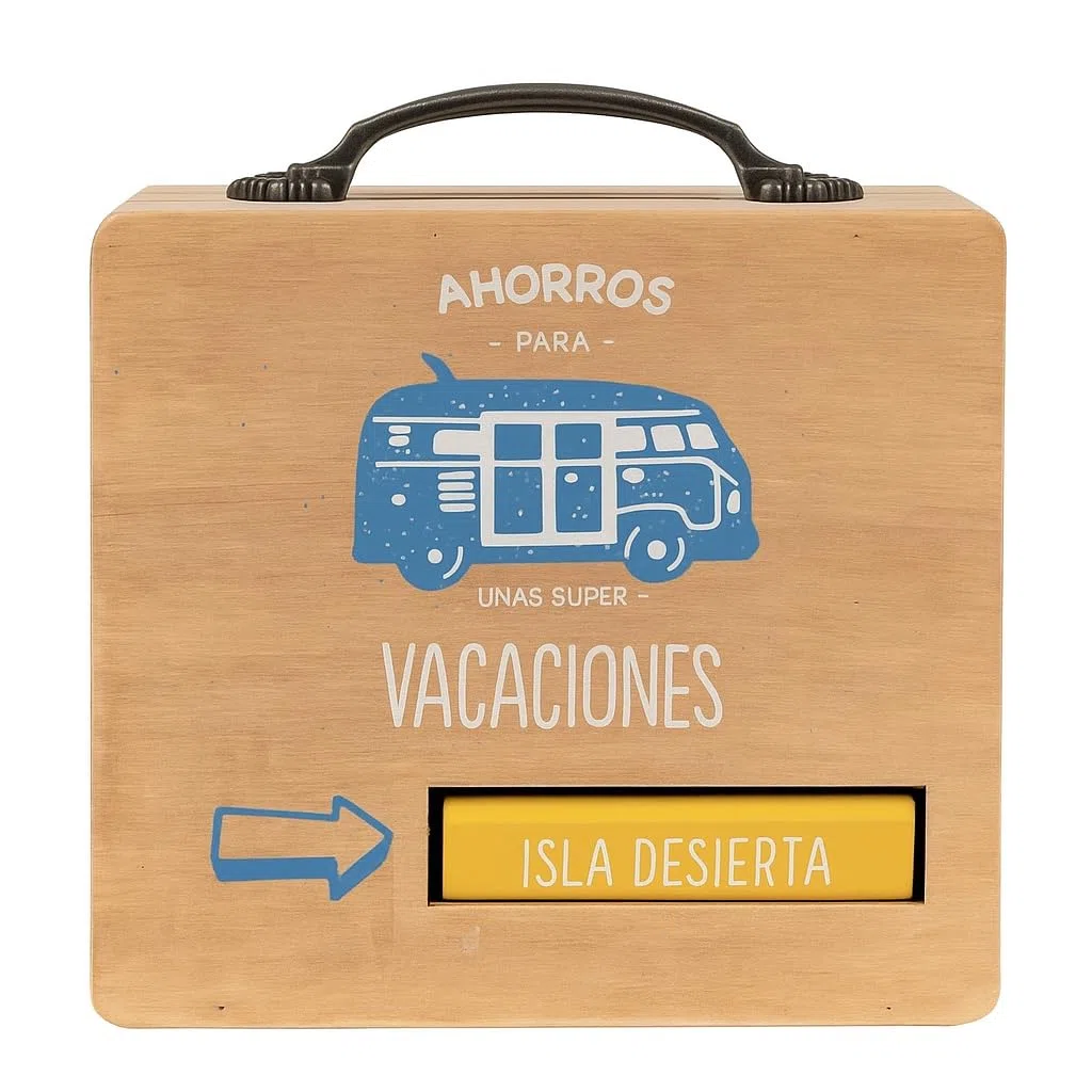 Hucha Decorativa, Maleta de Viaje de Madera, Vuelta al Mundo, Vacaciones, Rueda para indicar el Viaje Deseado, Autralia, Isla desiesta, Exotic Holidays 15x15x7cm (Maleta Vacaciones)