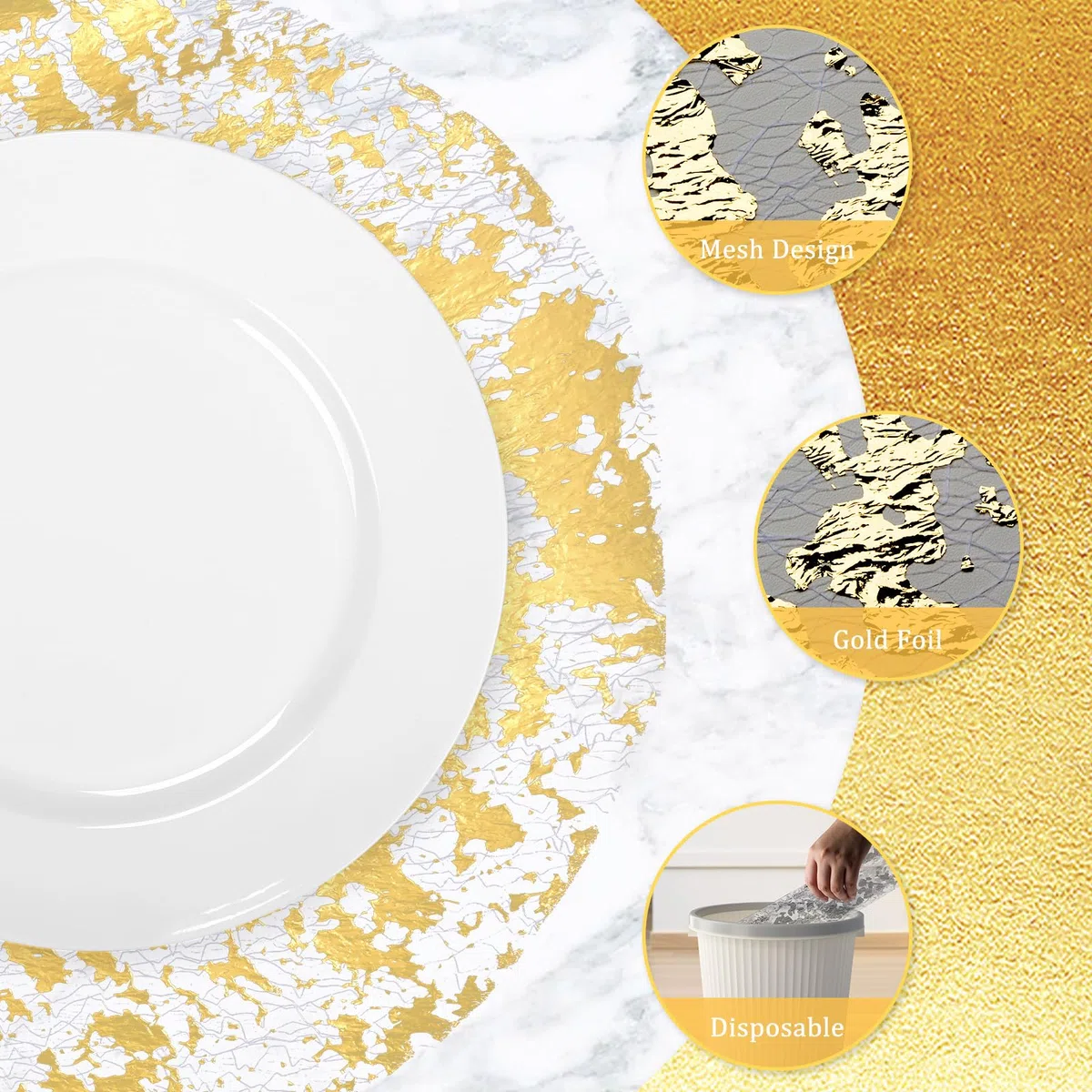 comfoyar Juego de 50 Manteles Individuales Redondo Desechables Oro, 33cm Salvamanteles Individuales de Manteles Metálicos con Malla Metálica Prensada para Comidas Bodas Cumpleaños Decoración
